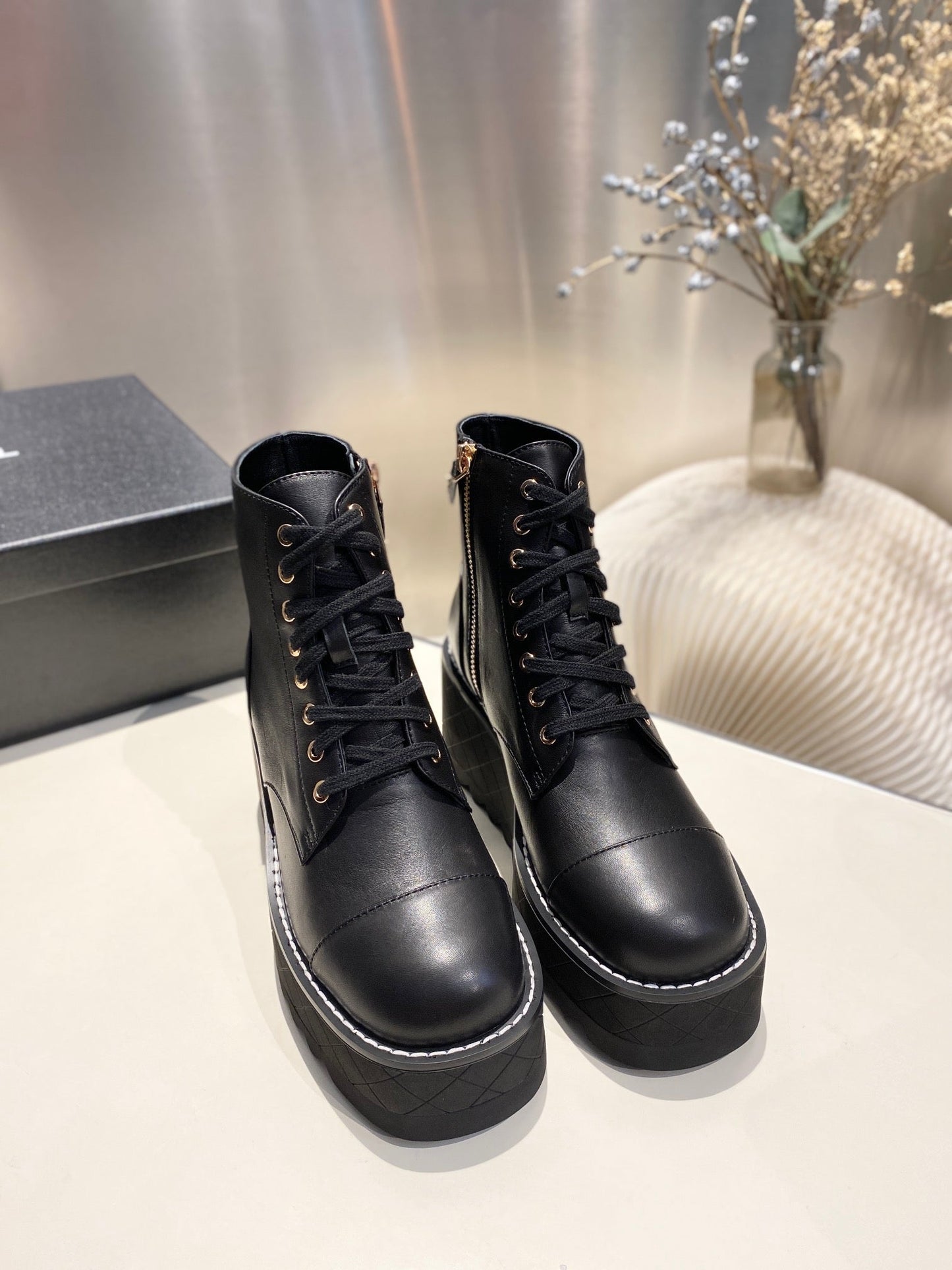 CHANEL Ankle Boots 100m Black Lambskin