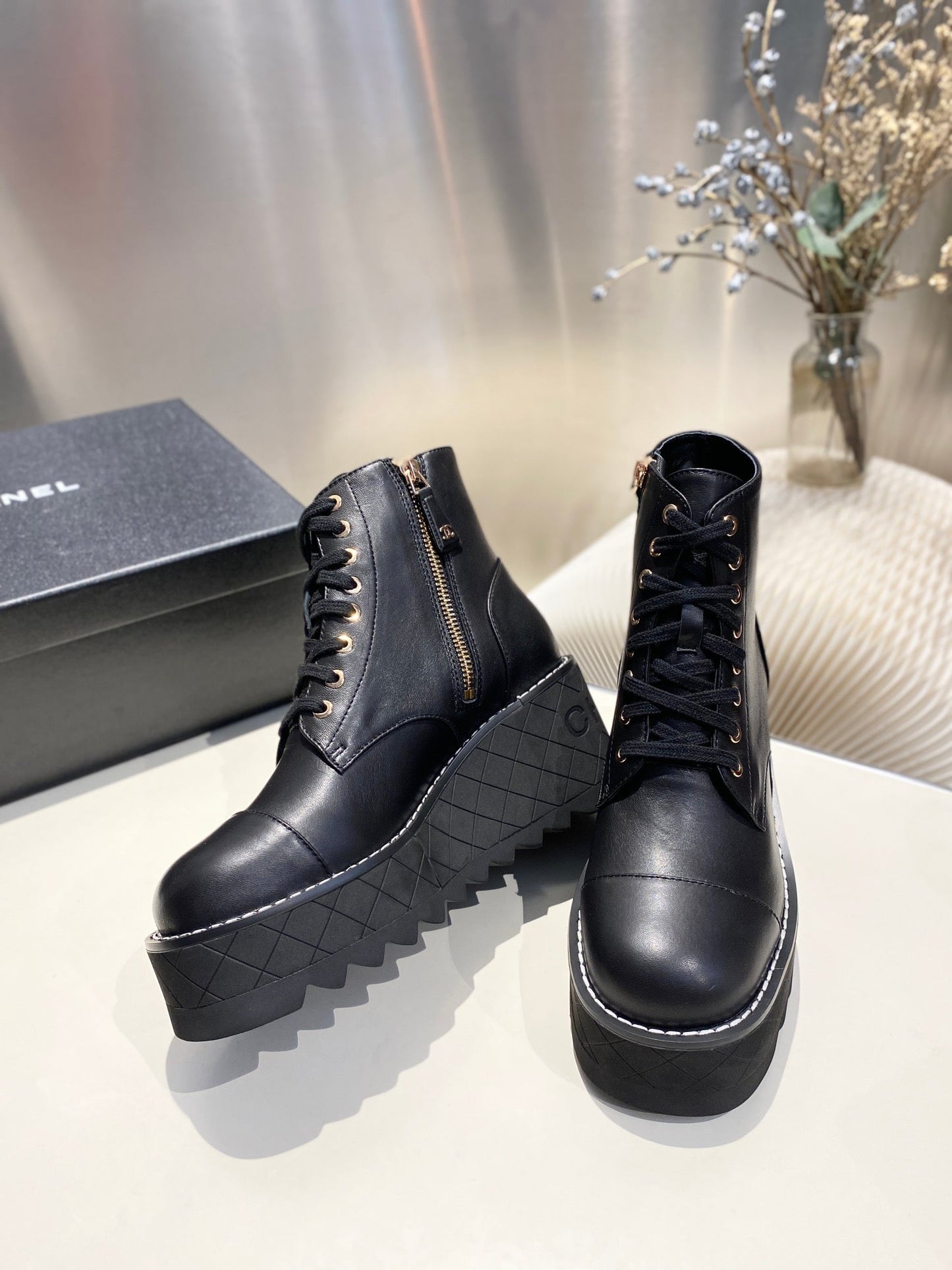 CHANEL Ankle Boots 100m Black Lambskin