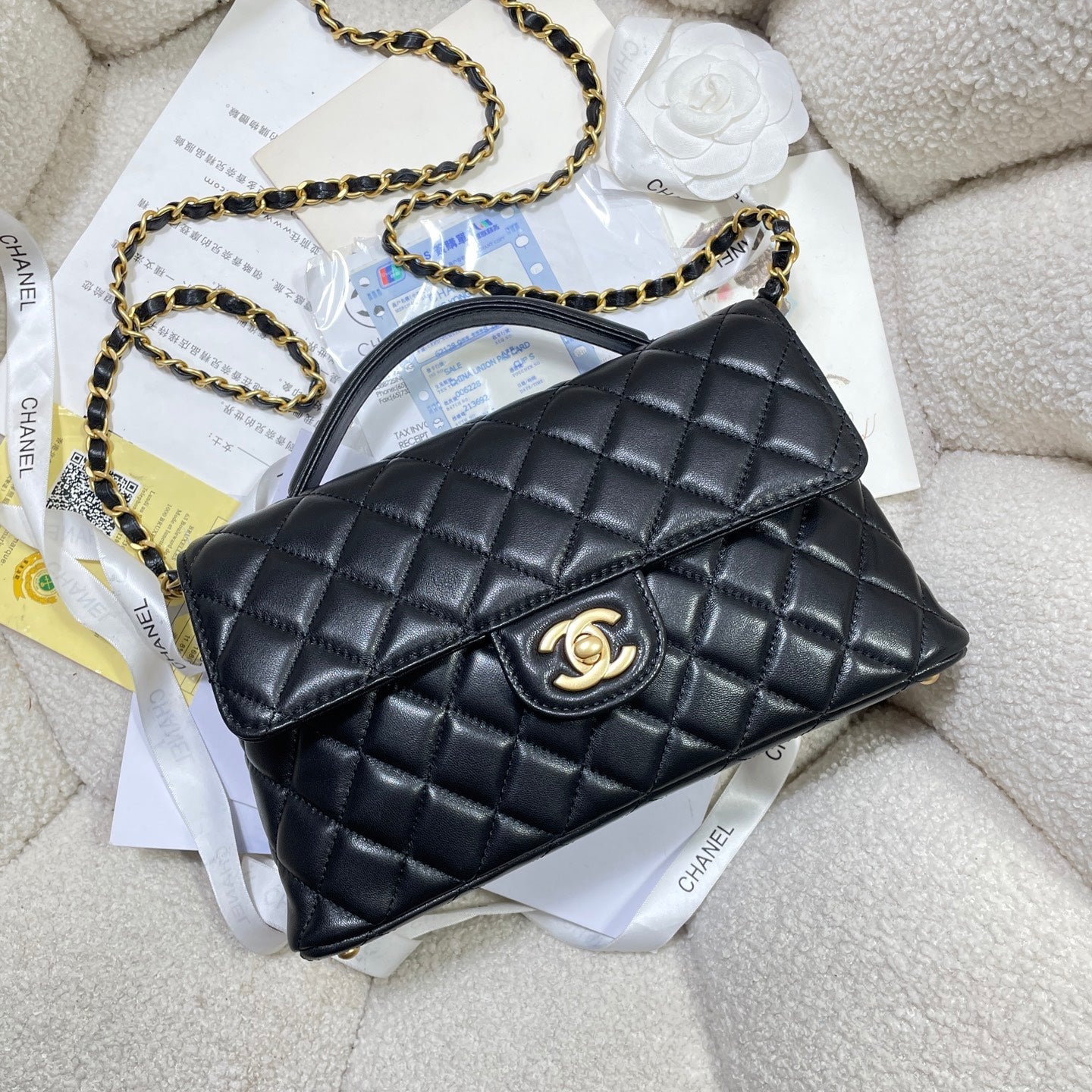 CHANEL 25P Medium Flap Bag 25cm Top Handle Black Calfskin Gold Hardware
