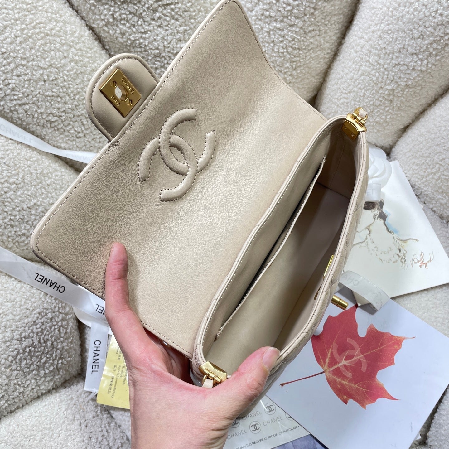 CHANEL 25P Medium Flap Bag 25cm Top Handle Beige Calfskin Gold Hardware