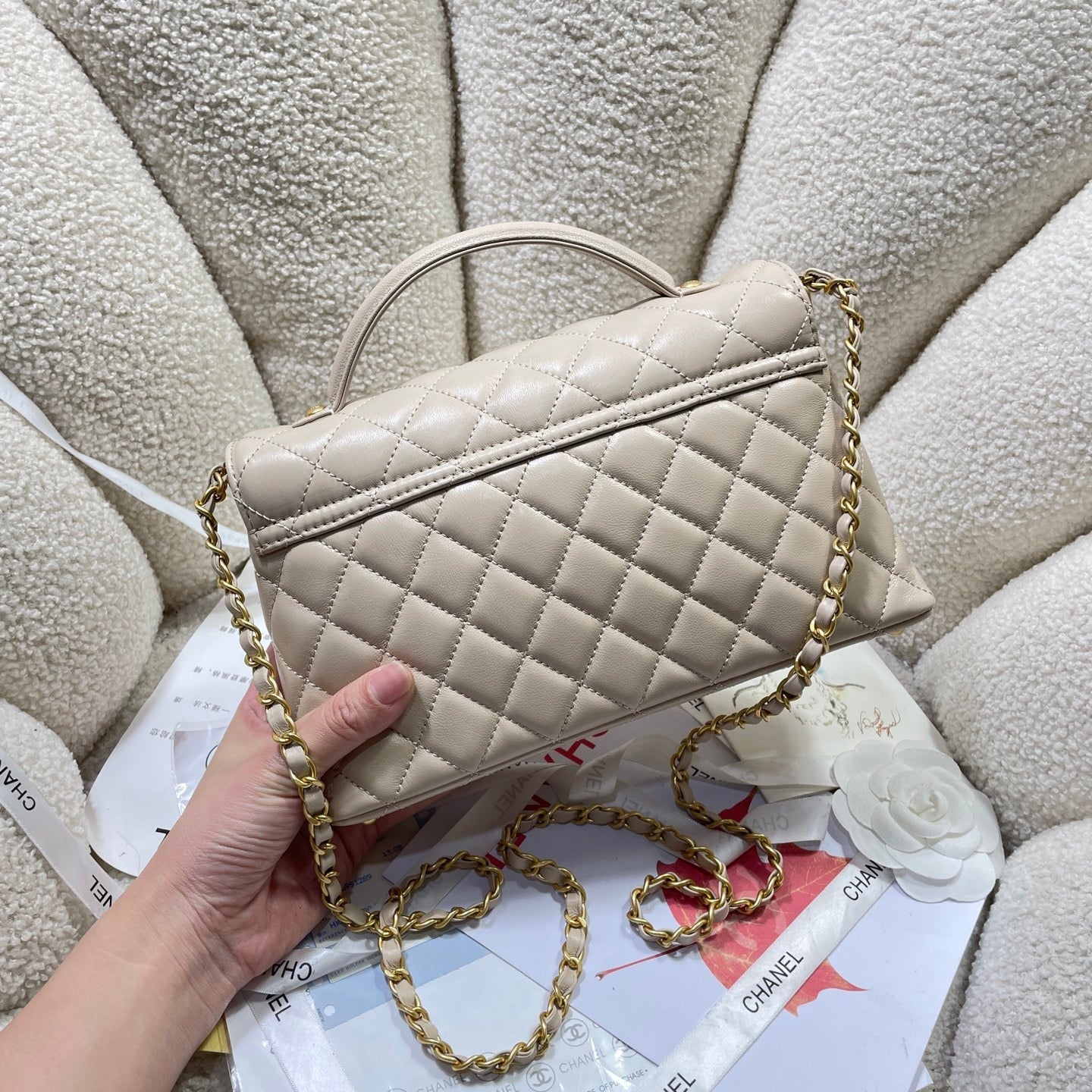 CHANEL 25P Medium Flap Bag 25cm Top Handle Beige Calfskin Gold Hardware