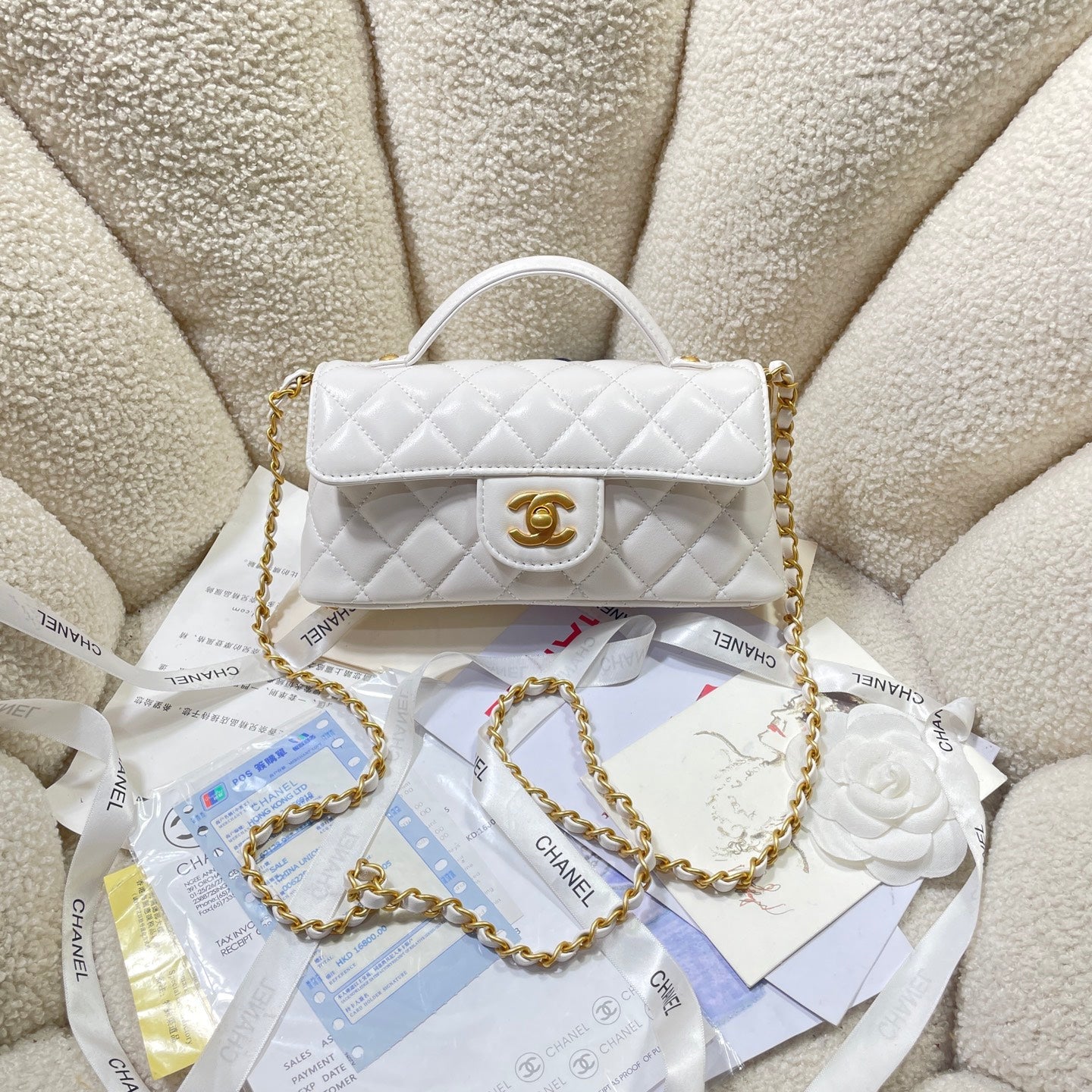 CHANEL 25P Mini Flap Bag 22cm Top Handle Cream Calfskin Gold Hardware
