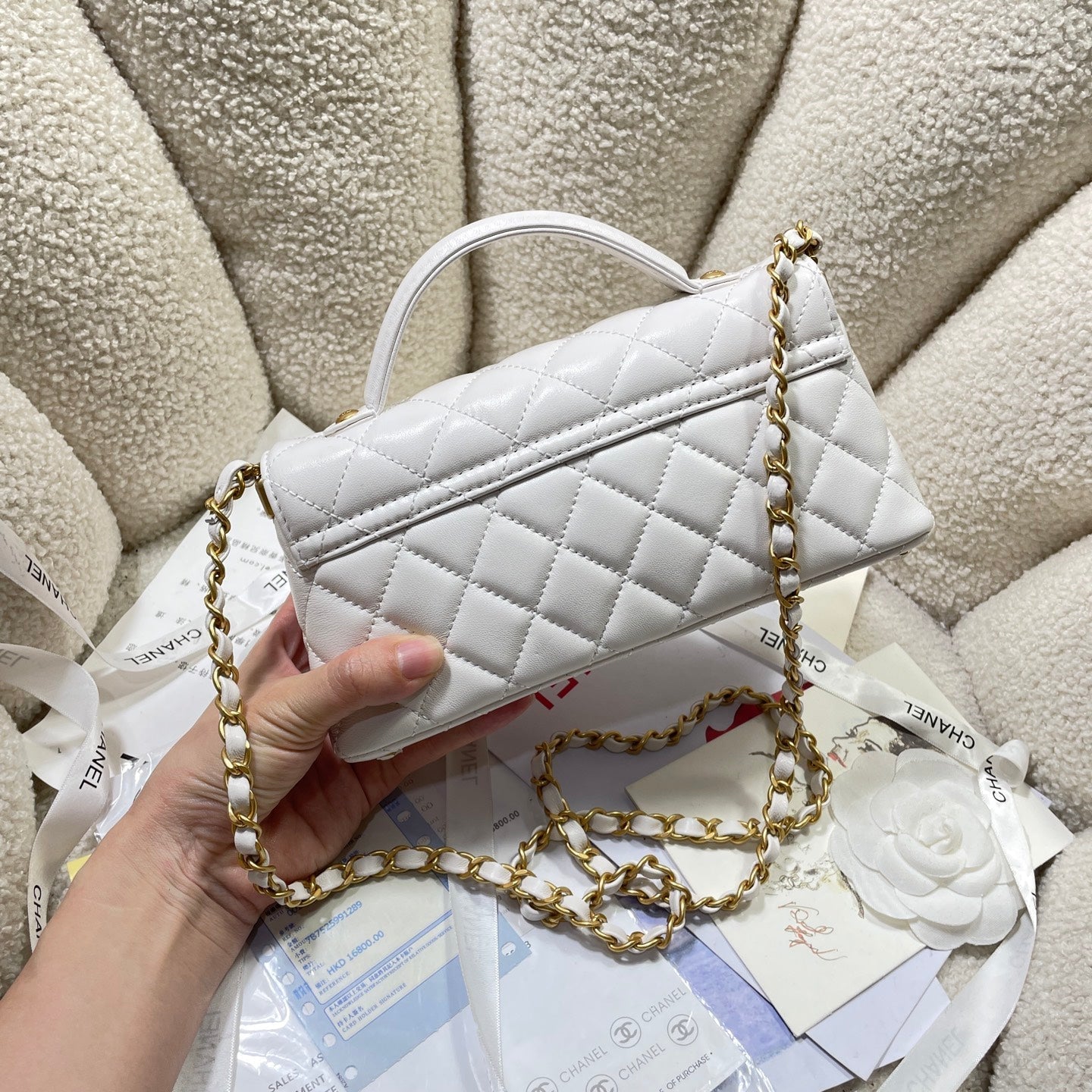 CHANEL 25P Mini Flap Bag 22cm Top Handle Cream Calfskin Gold Hardware