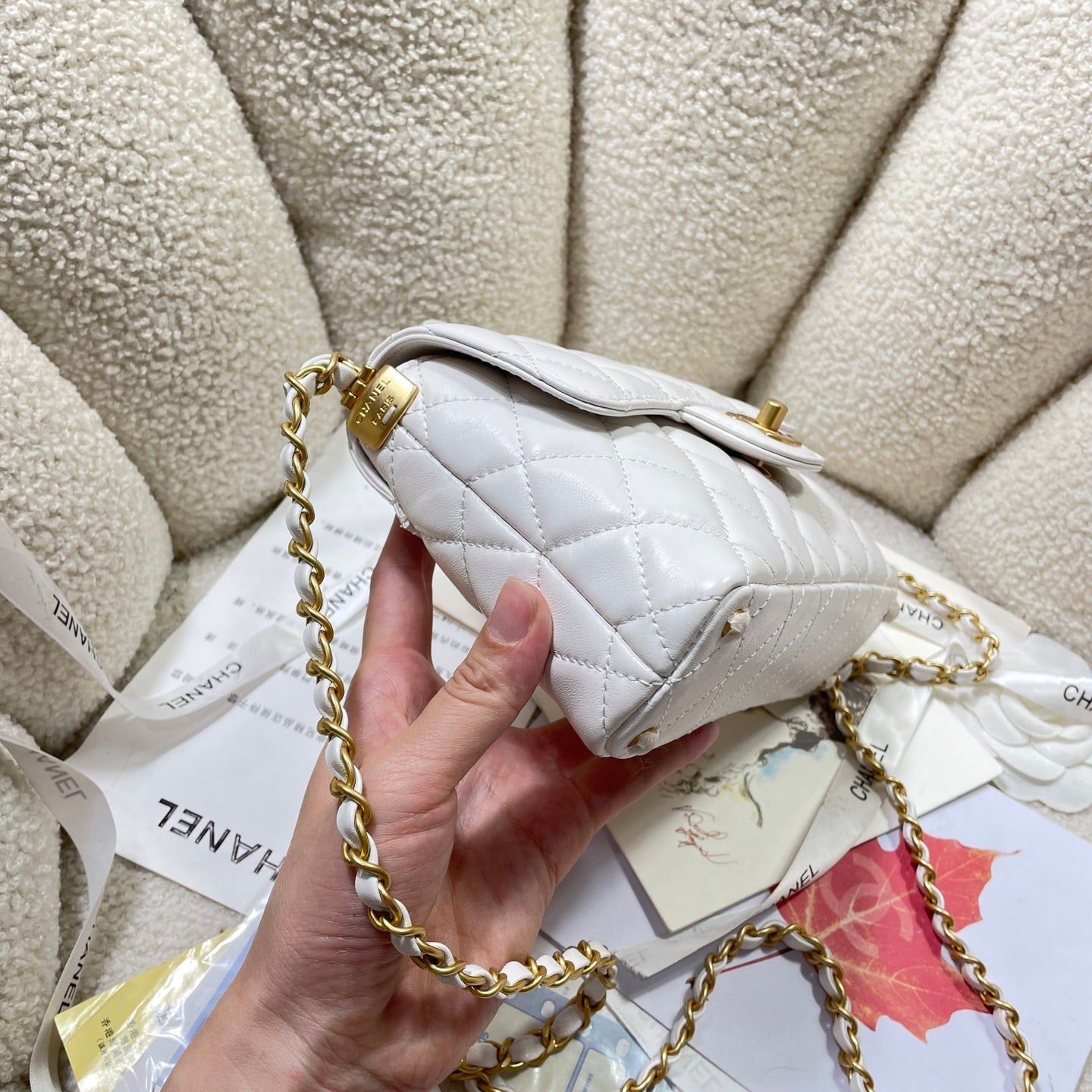 CHANEL 25P Mini Flap Bag 20cm Top Handle Cream Calfskin Gold Hardware