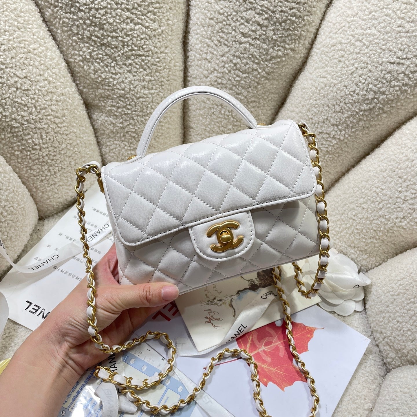CHANEL 25P Mini Flap Bag 20cm Top Handle Cream Calfskin Gold Hardware