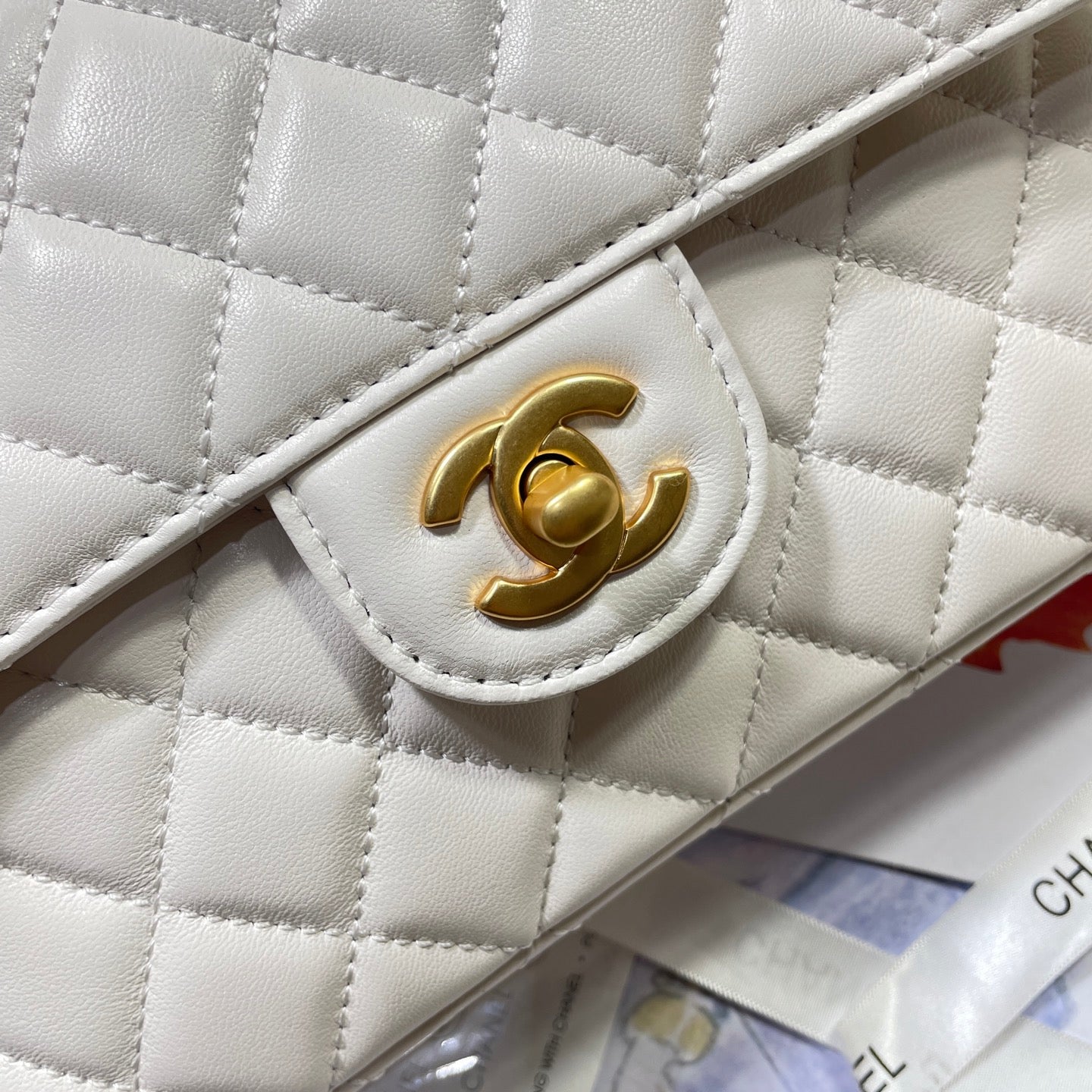 CHANEL 25P Medium Flap Bag 25cm Top Handle Cream Calfskin Gold Hardware