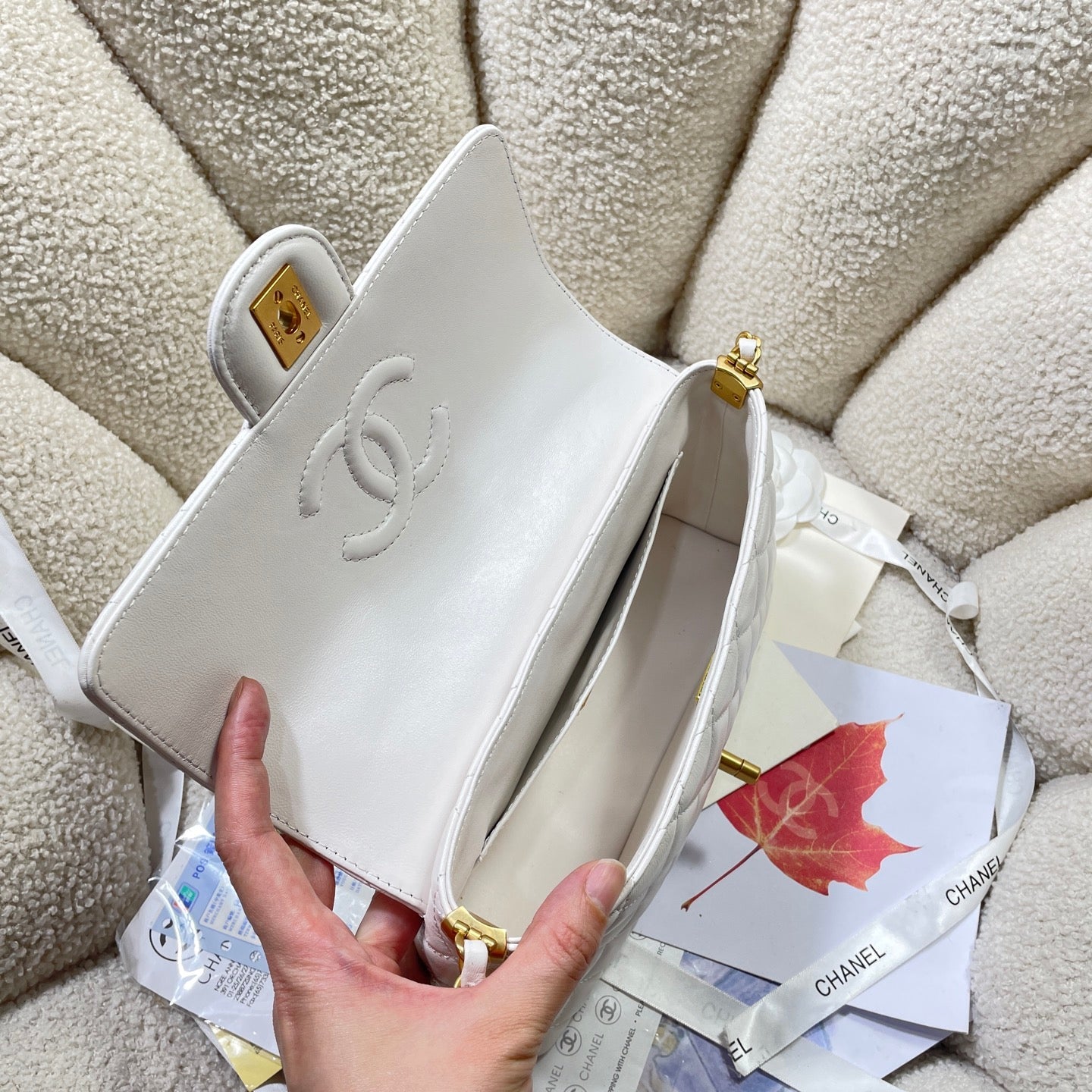CHANEL 25P Medium Flap Bag 25cm Top Handle Cream Calfskin Gold Hardware