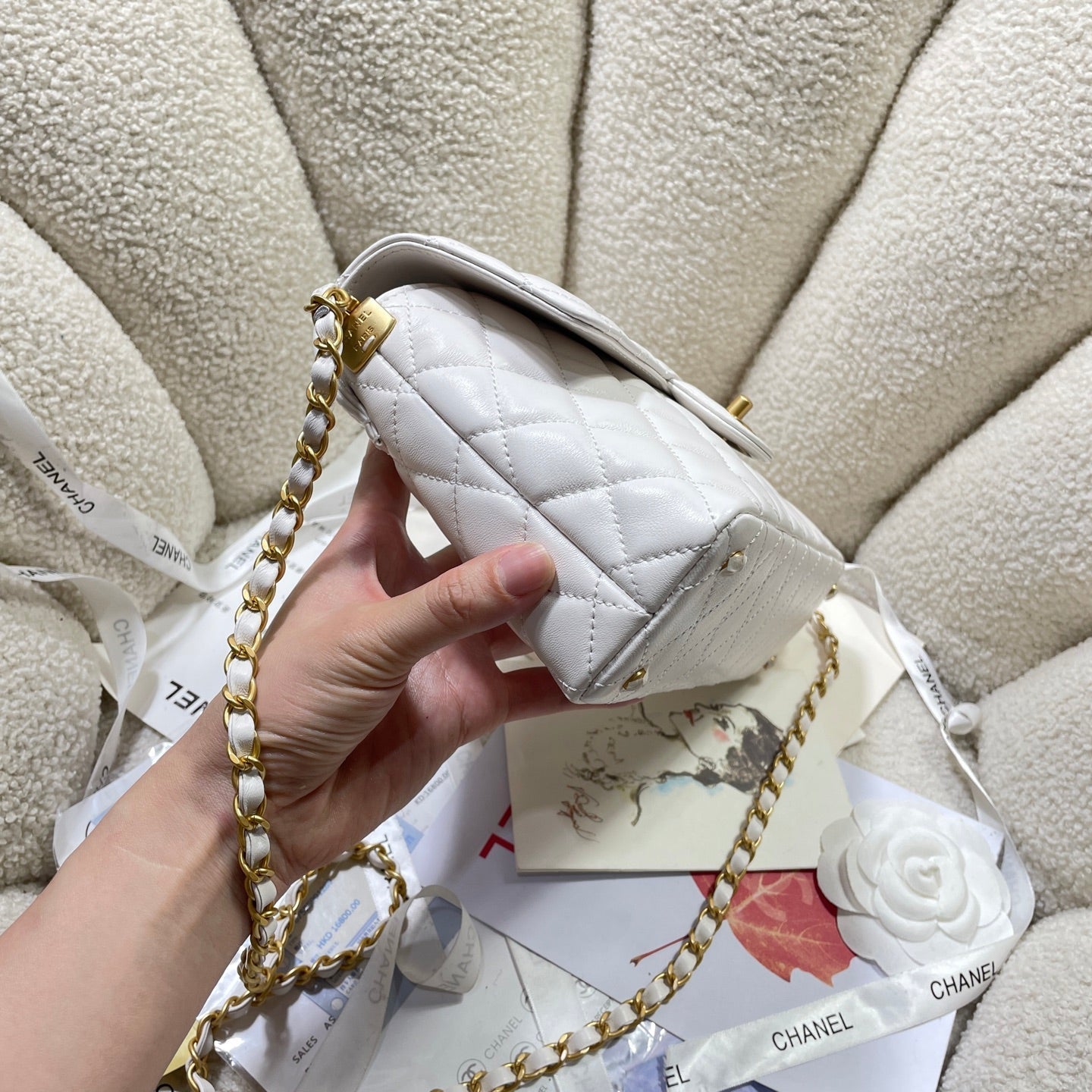 CHANEL 25P Medium Flap Bag 25cm Top Handle Cream Calfskin Gold Hardware