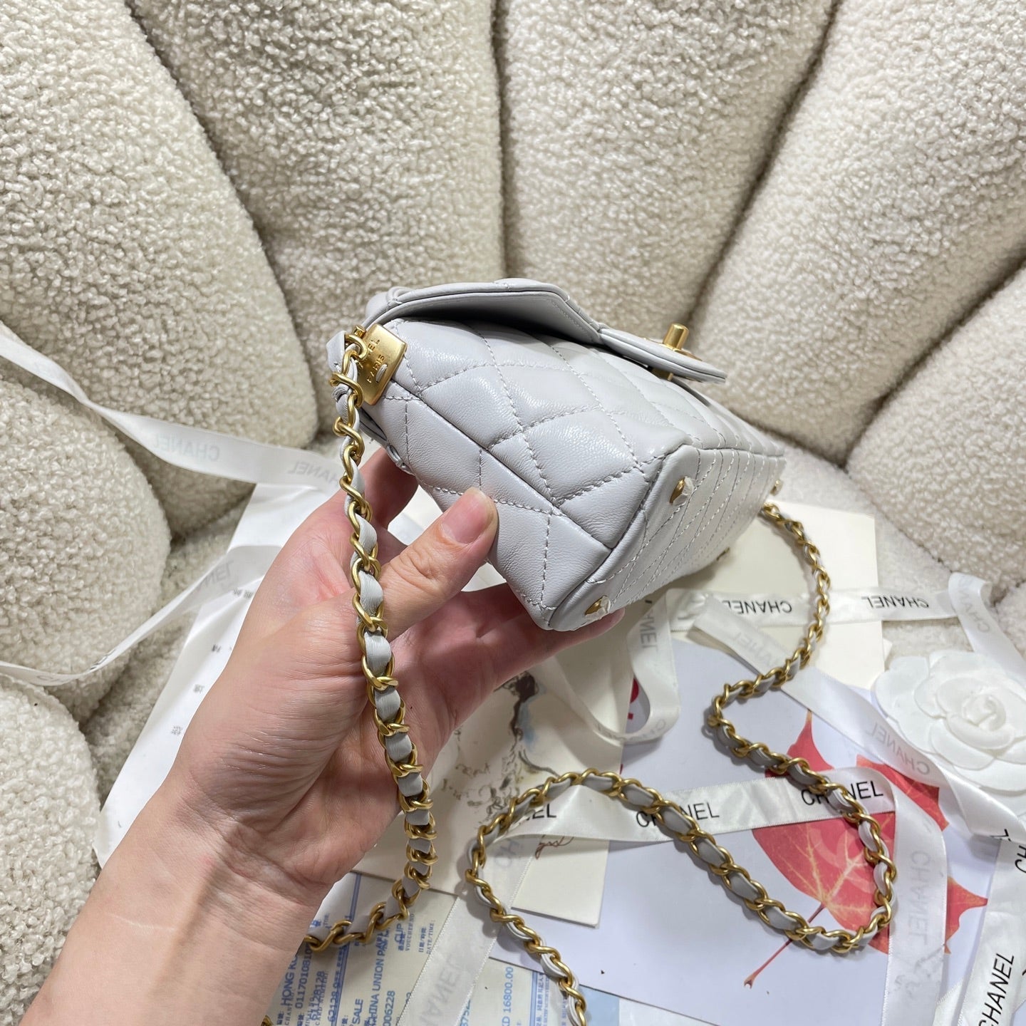 CHANEL 25P Mini Flap Bag 22cm Top Handle Grey Calfskin Gold Hardware