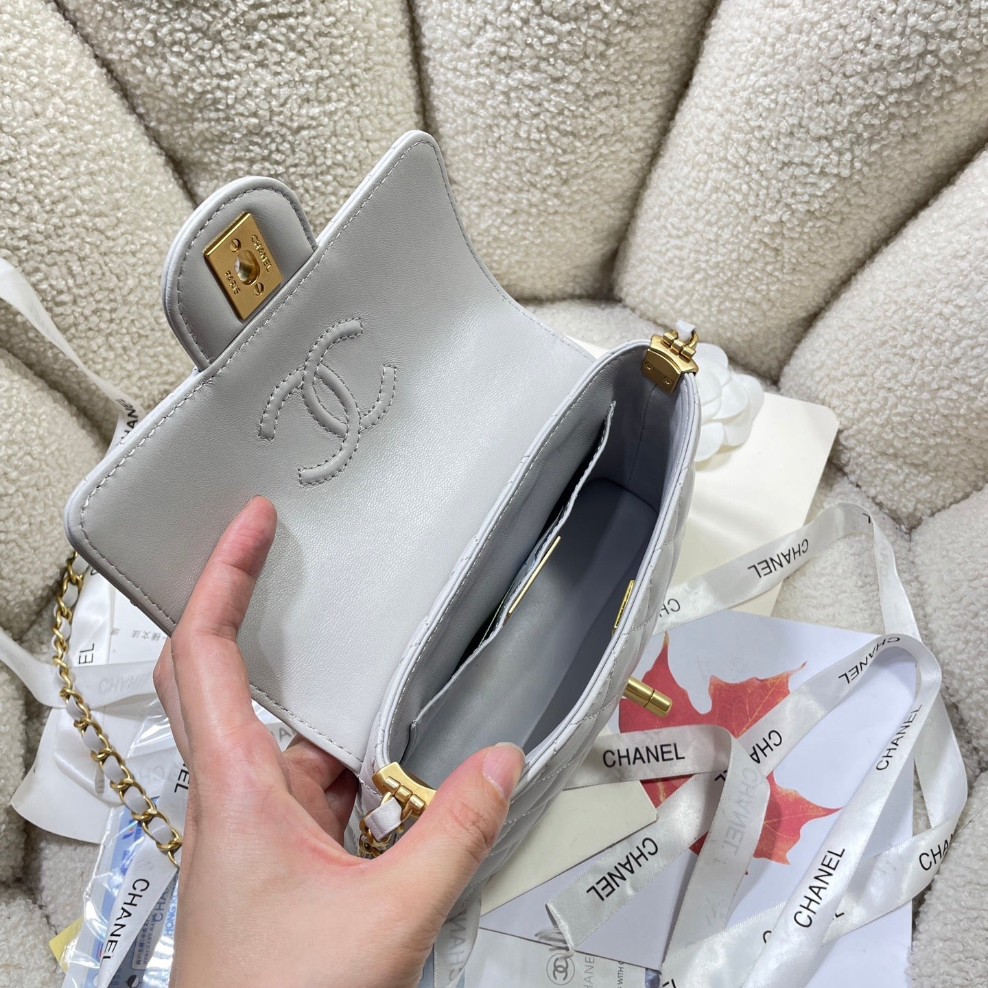 CHANEL 25P Mini Flap Bag 20cm Top Handle Grey Calfskin Gold Hardware