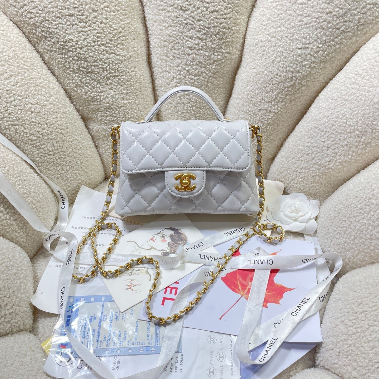 CHANEL 25P Mini Flap Bag 20cm Top Handle Grey Calfskin Gold Hardware
