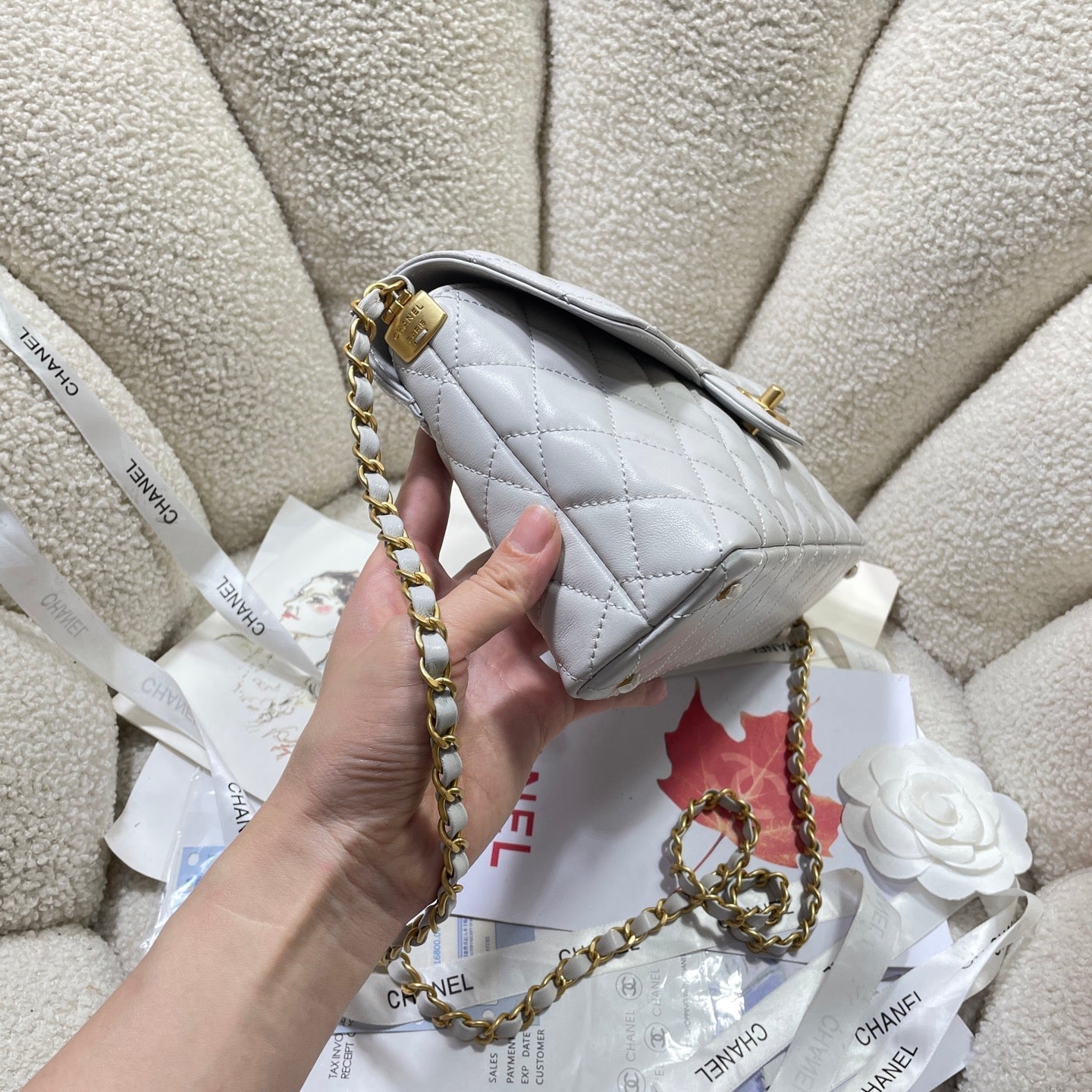 CHANEL 25P Medium Flap Bag 25cm Top Handle Grey Calfskin Gold Hardware