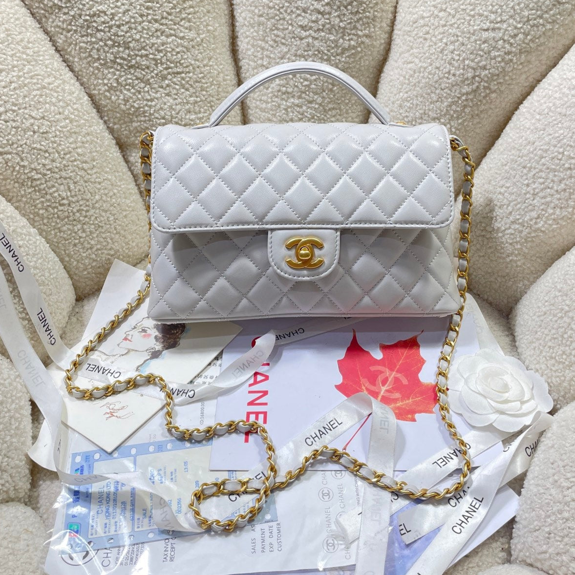 CHANEL 25P Medium Flap Bag 25cm Top Handle Grey Calfskin Gold Hardware