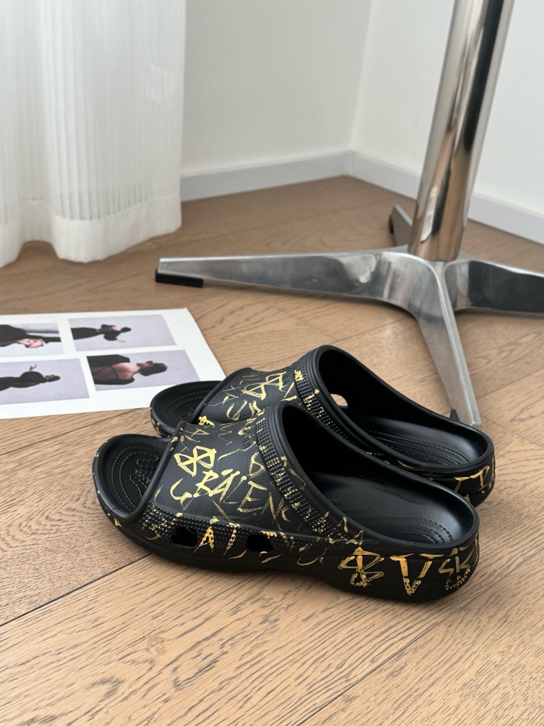 Balanciaga POOL GRAFFITI CROCS SLIDE SANDALS IN BLACK AND YELLOW RUBBER
