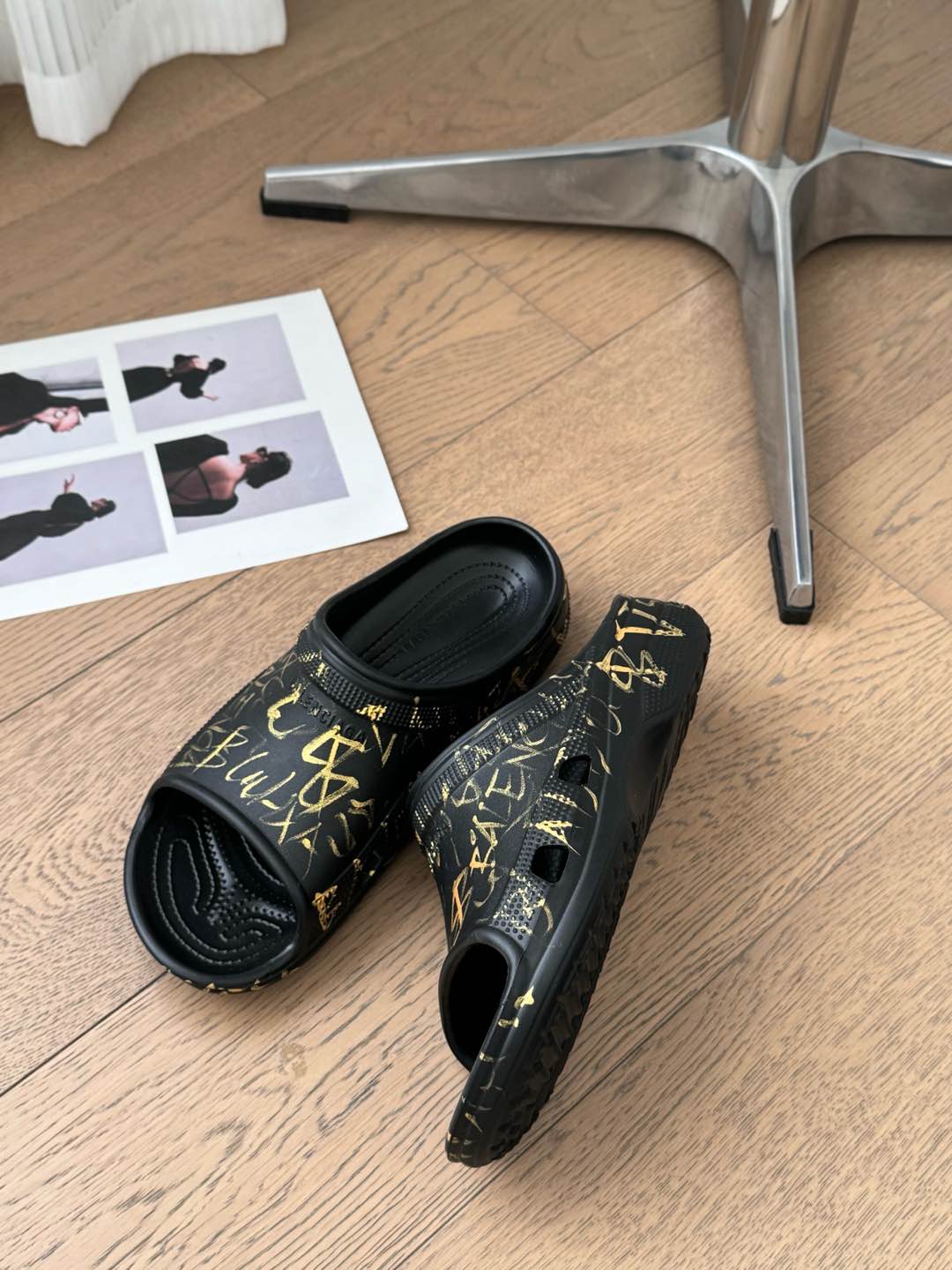 Balanciaga POOL GRAFFITI CROCS SLIDE SANDALS IN BLACK AND YELLOW RUBBER