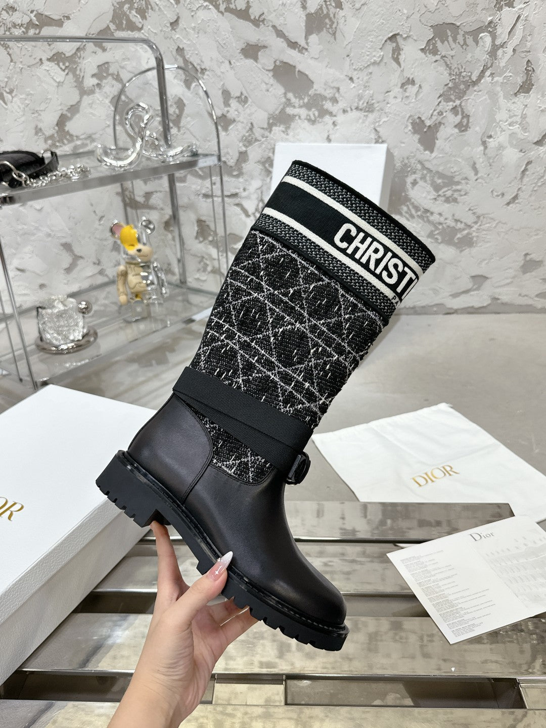 DIOR D-Major Boot In Black Mix White Denim Fabric 100564