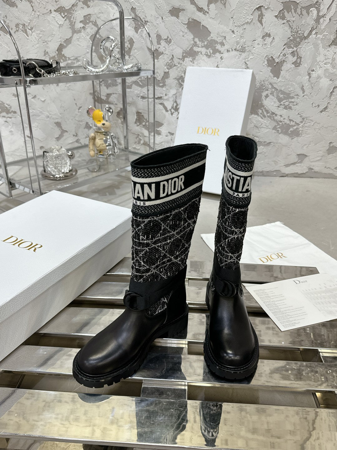 DIOR D-Major Boot In Black Mix White Denim Fabric 100564