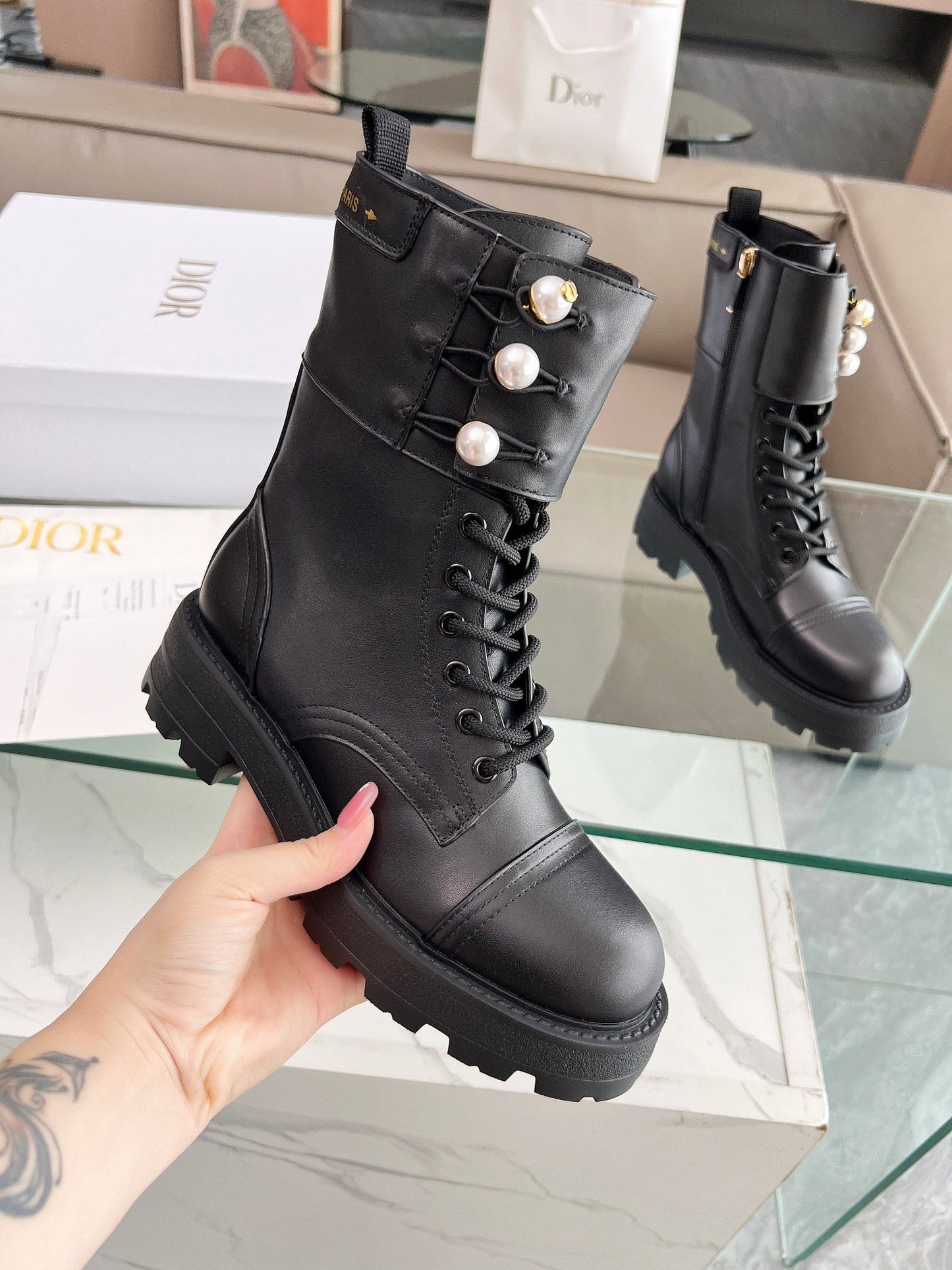 DIOR D-Strike Ankle Boot Plain Black Calfskin