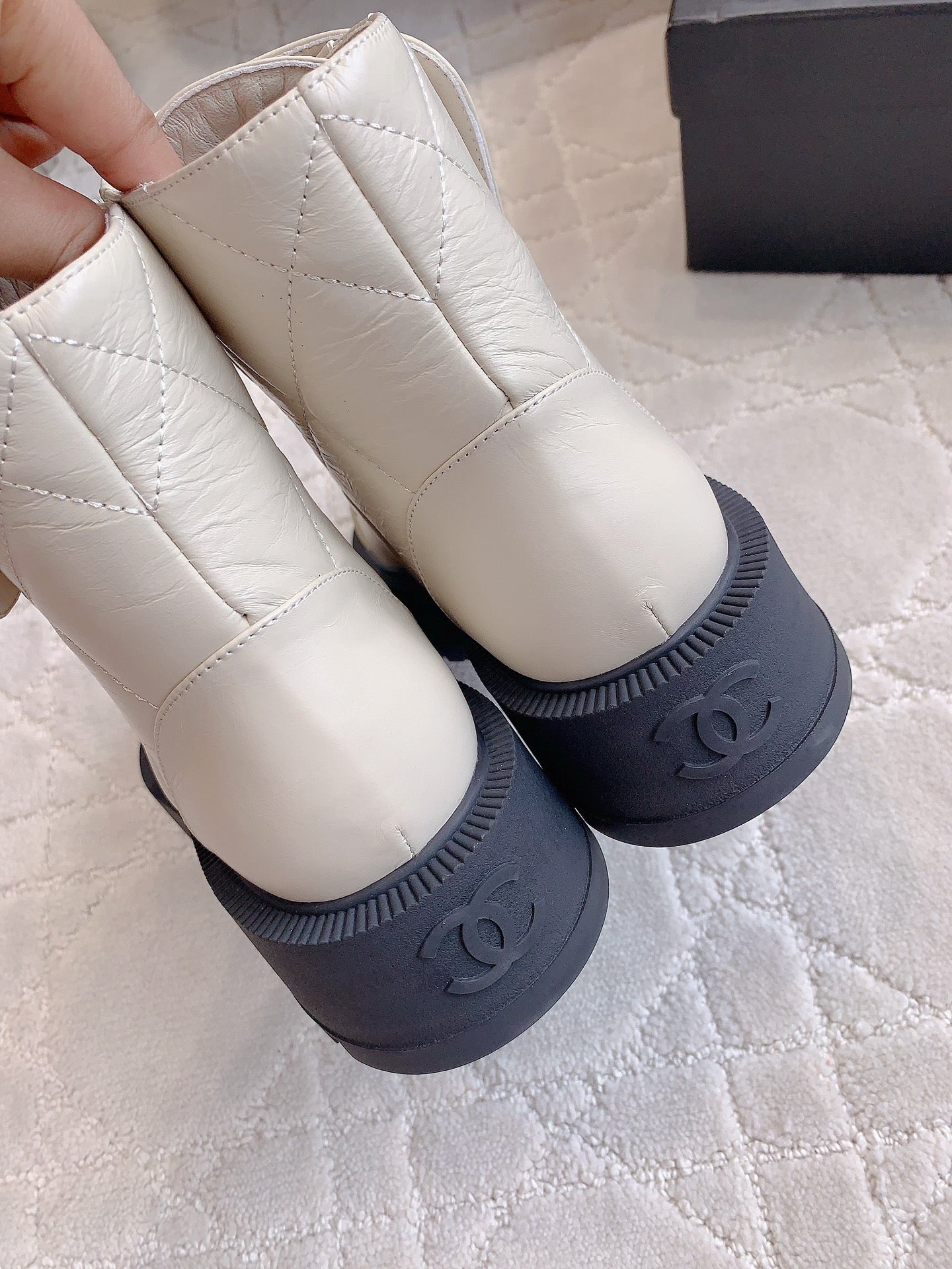 CHANEL Ankle Boots In White Beige Wrinkled Calfskin 145489