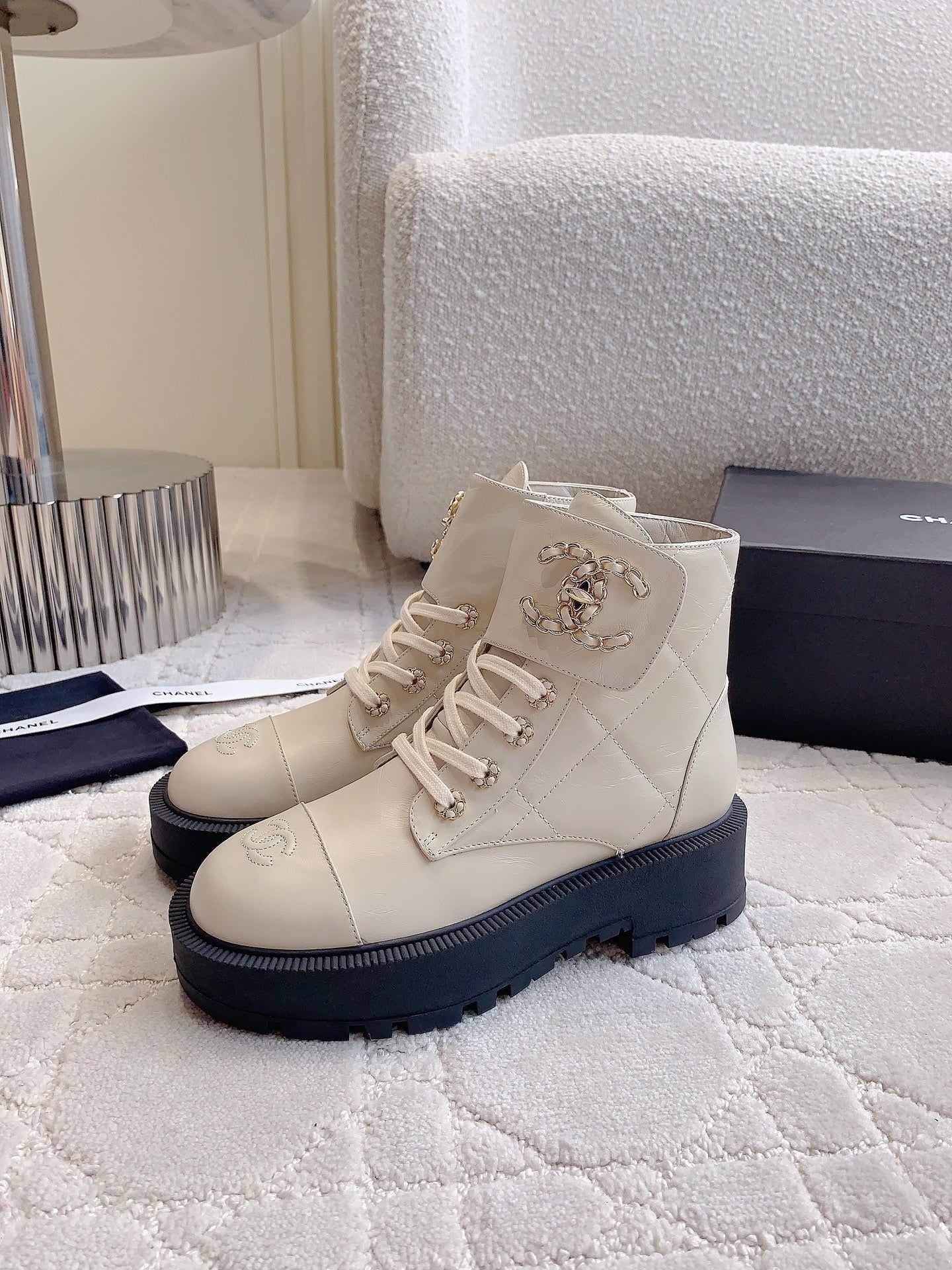 CHANEL Ankle Boots In White Beige Wrinkled Calfskin 145489