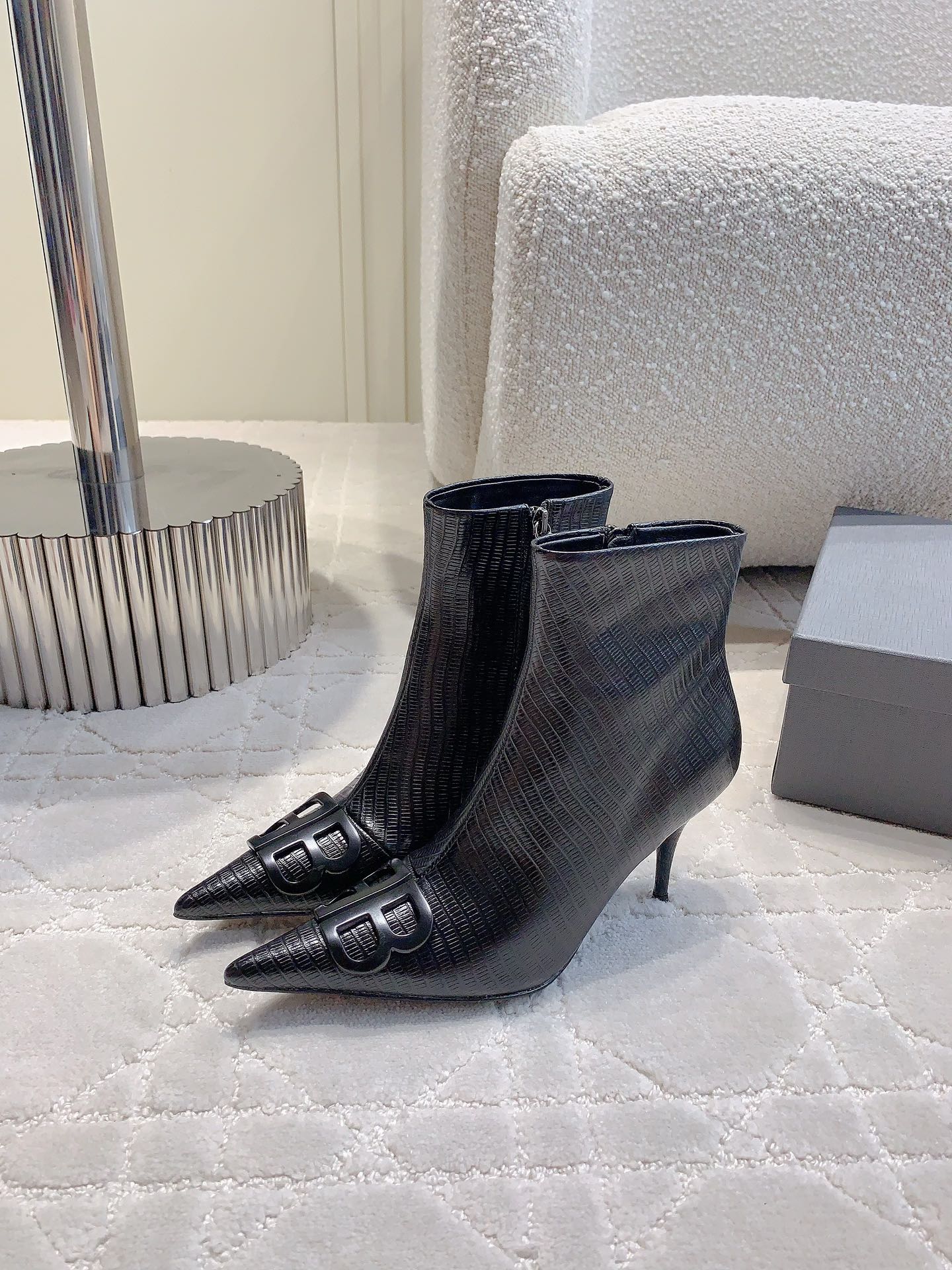 Balanciaga POINTED-TOE HIGH HEEL BOOTS IN BLACK LIZARD EMBOSSED CALFSKIN