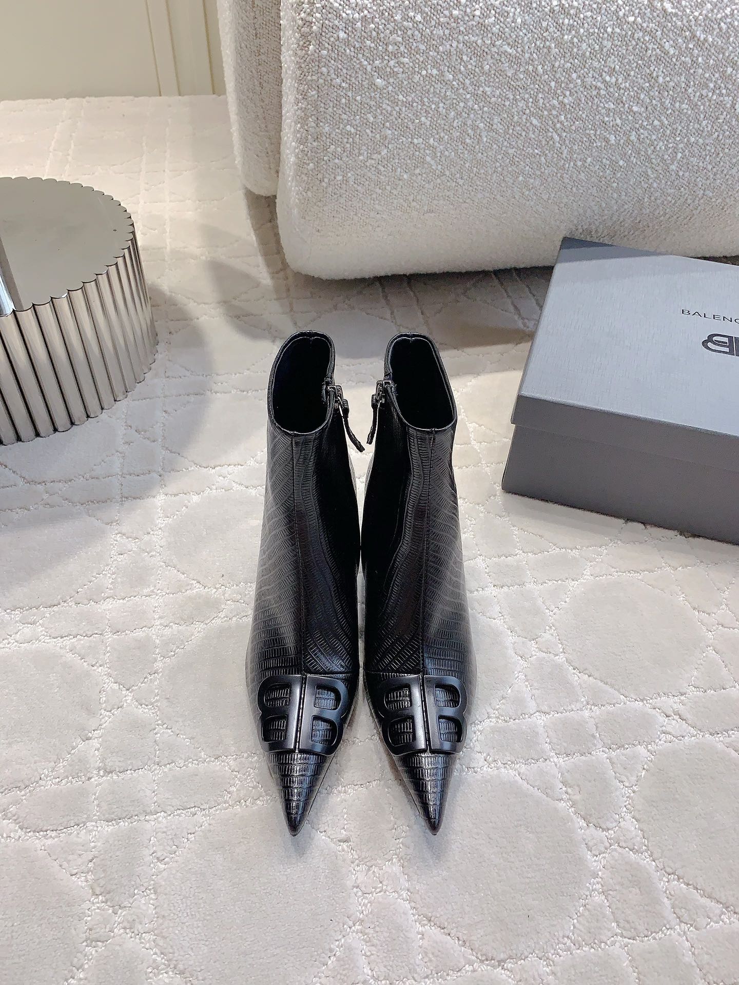 Balanciaga POINTED-TOE HIGH HEEL BOOTS IN BLACK LIZARD EMBOSSED CALFSKIN