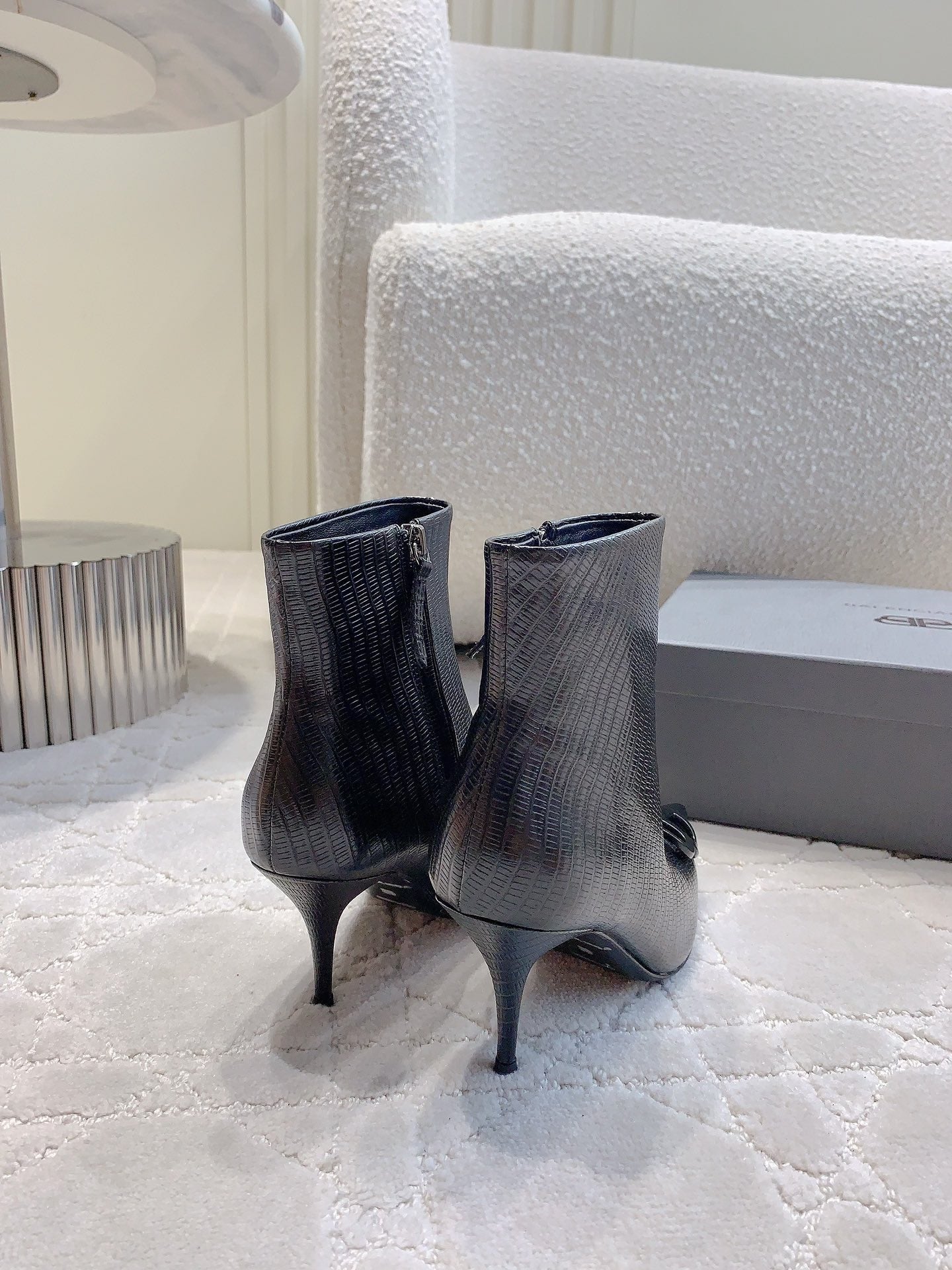 Balanciaga POINTED-TOE HIGH HEEL BOOTS IN BLACK LIZARD EMBOSSED CALFSKIN