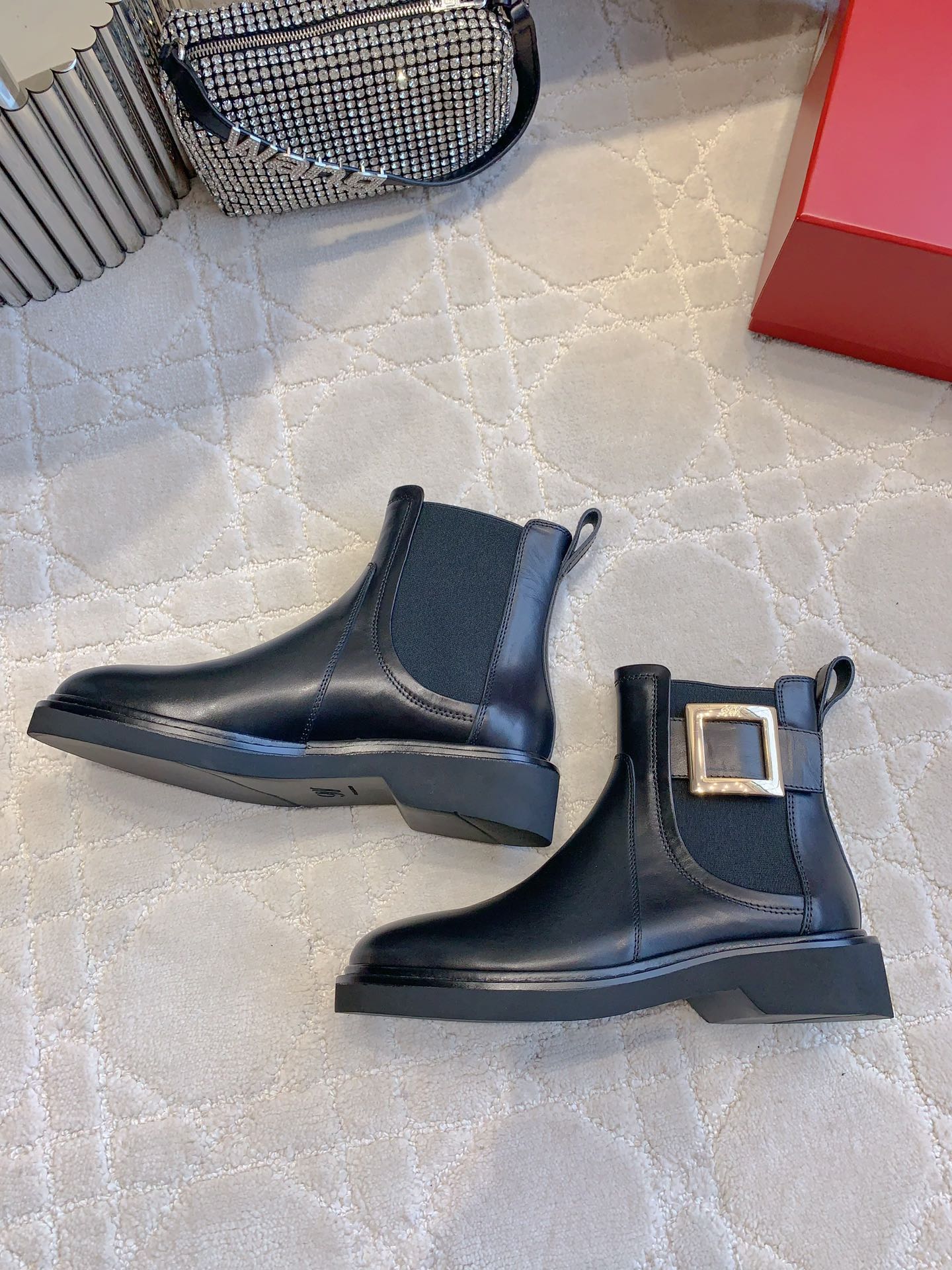 DIOR Vivie Roger Chelsea Ankle Boots Plain Black Cowhide