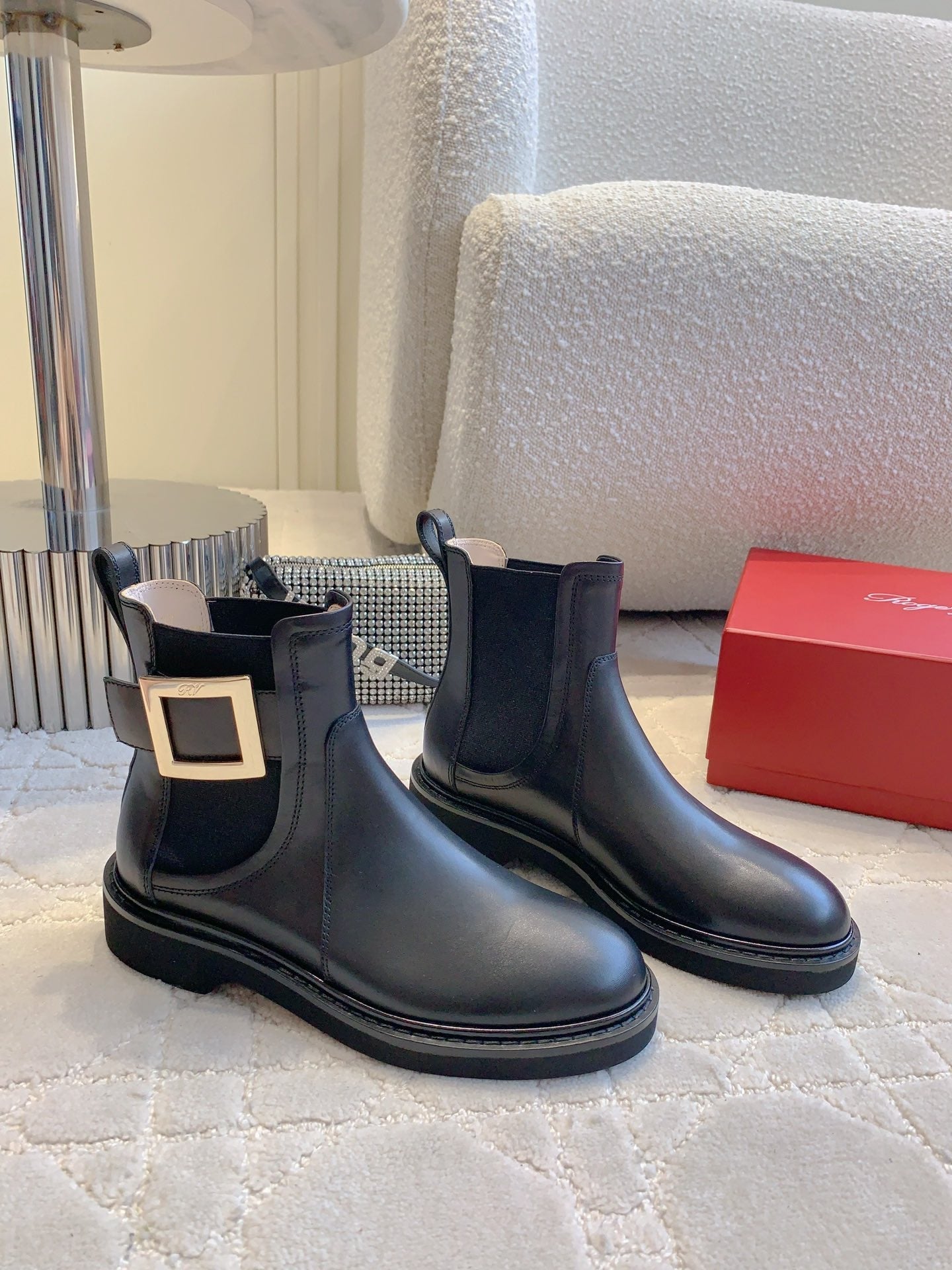 DIOR Vivie Roger Chelsea Ankle Boots Plain Black Cowhide