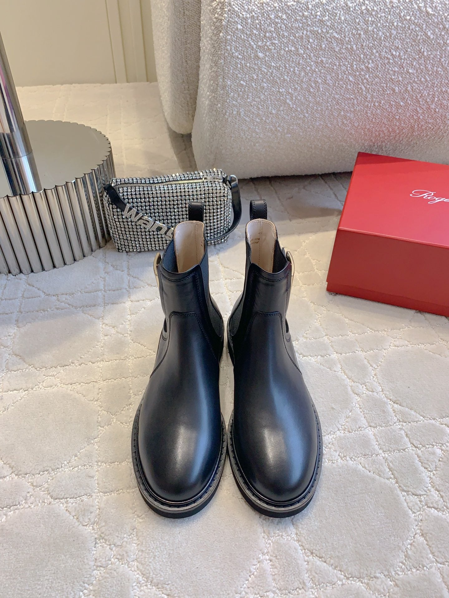 DIOR Vivie Roger Chelsea Ankle Boots Plain Black Cowhide