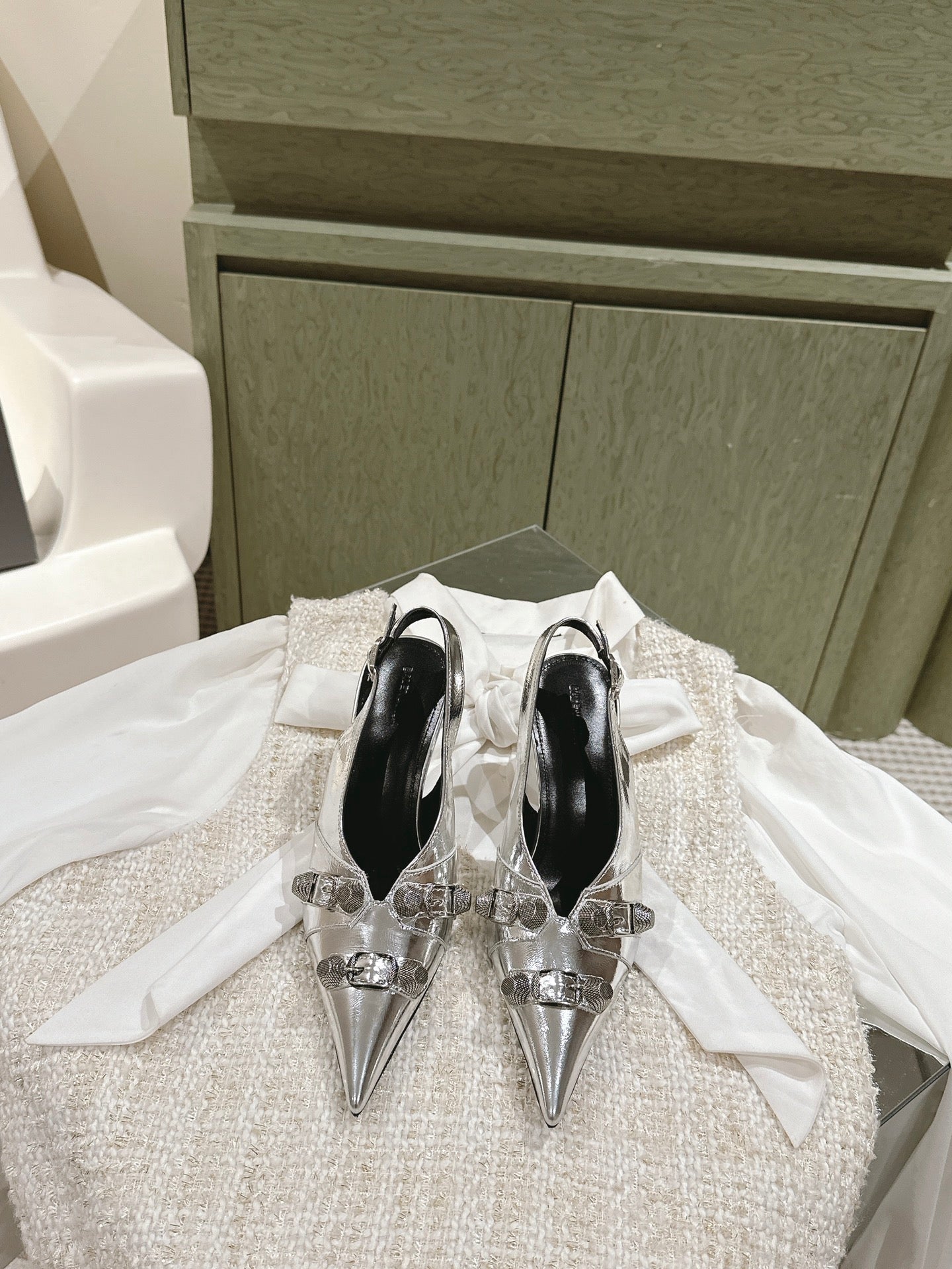 Balanciaga CAGOLE HIGH SLINGBACK IN SILVER GLOSSY CALFSKIN