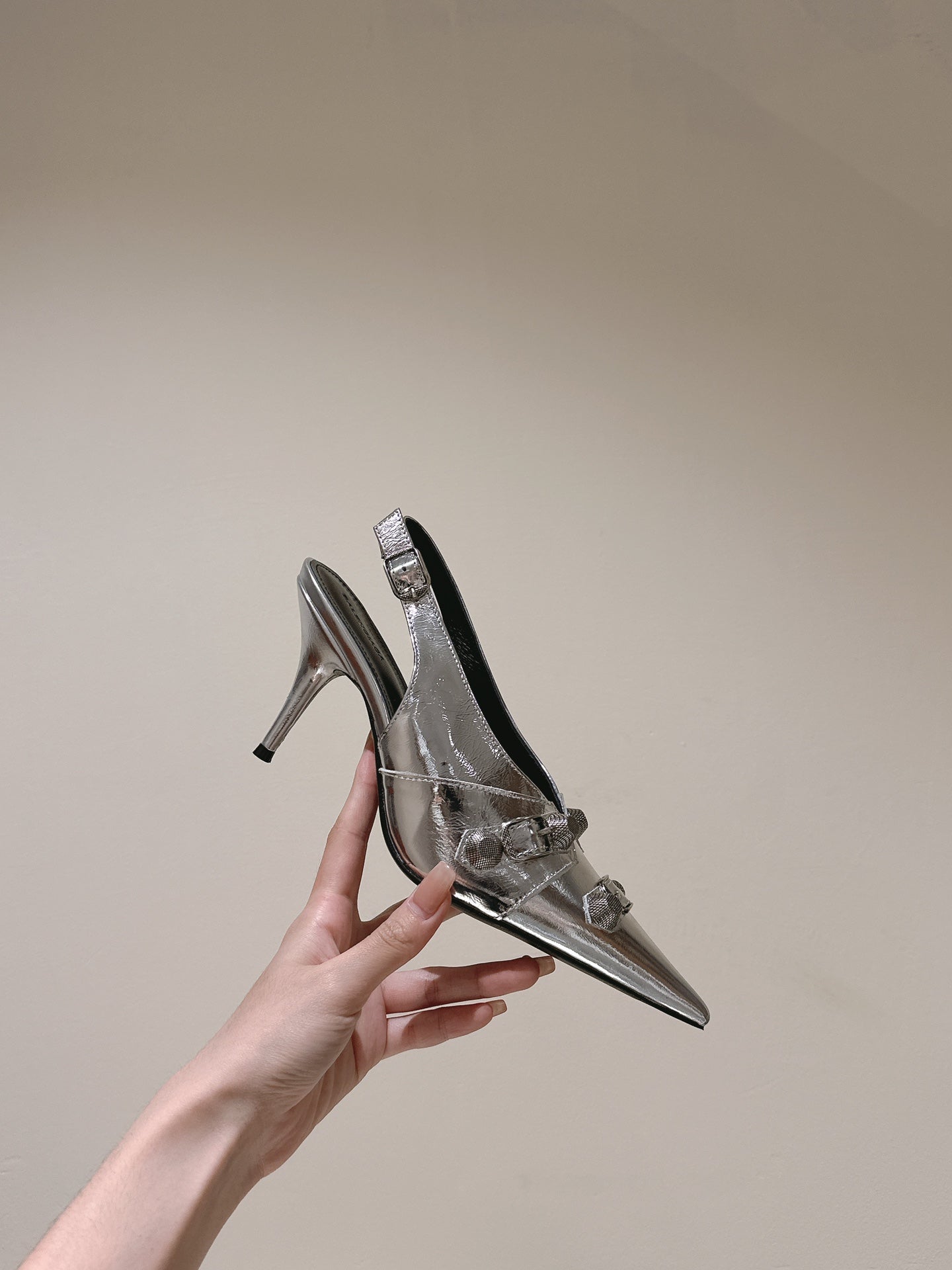 Balanciaga CAGOLE HIGH SLINGBACK IN SILVER GLOSSY CALFSKIN