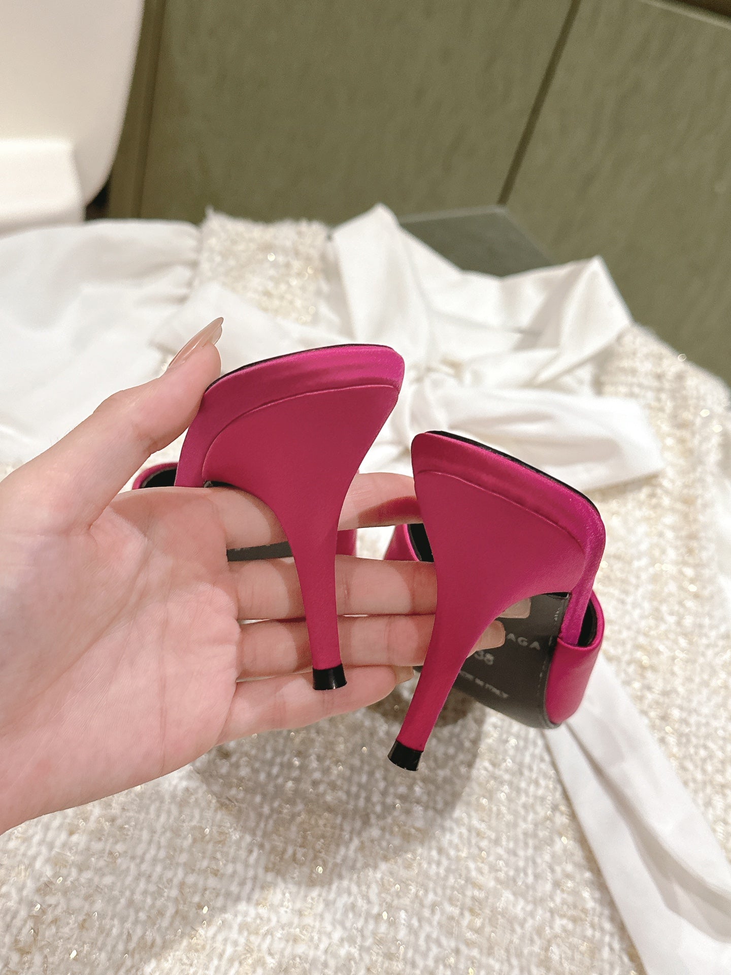 Balanciaga POINTED HIGH MULES WITH BOW IN HOT PINK SILK