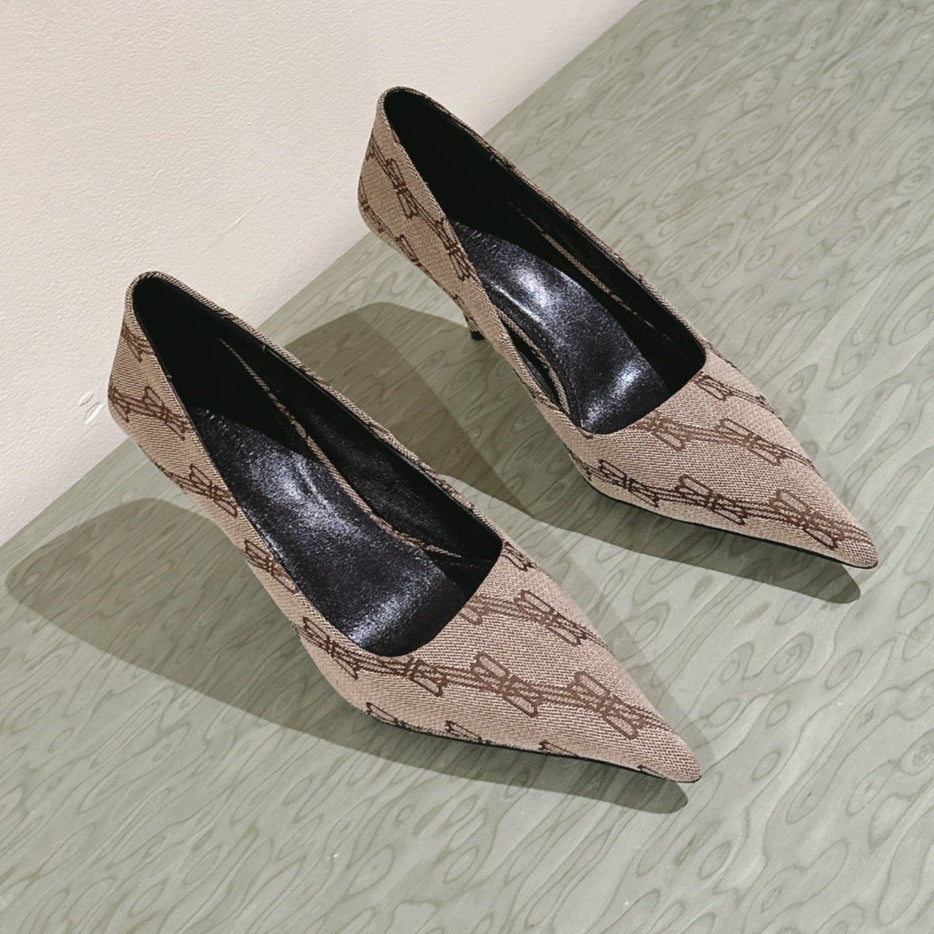 Balanciaga POINTED HIGH PUMPS IN BEIGE MONOGRAM JACQUARD FABRIC