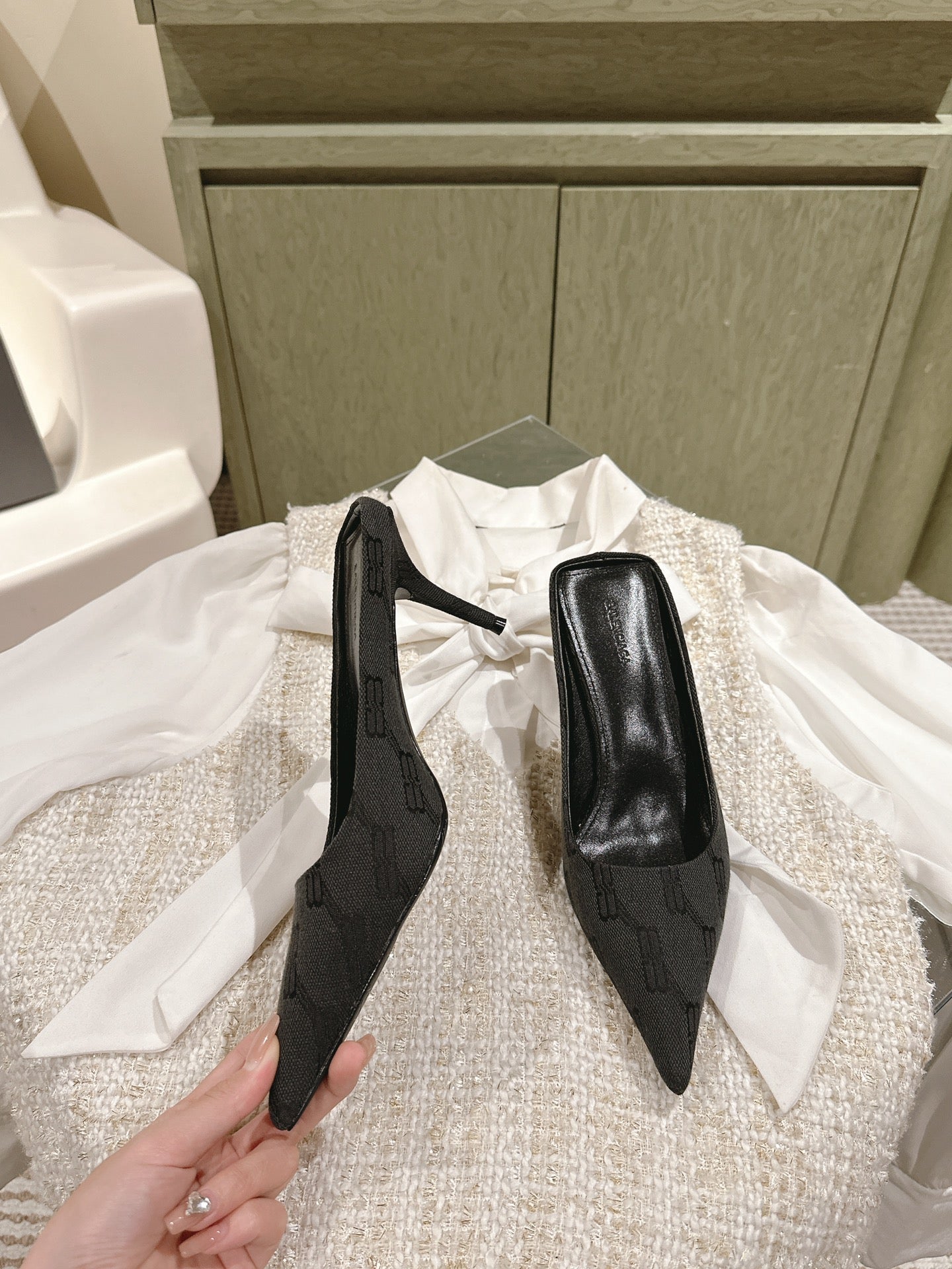 Balanciaga POINTED HIGH MULES IN BLACK MONOGRAM JACQUARD FABRIC