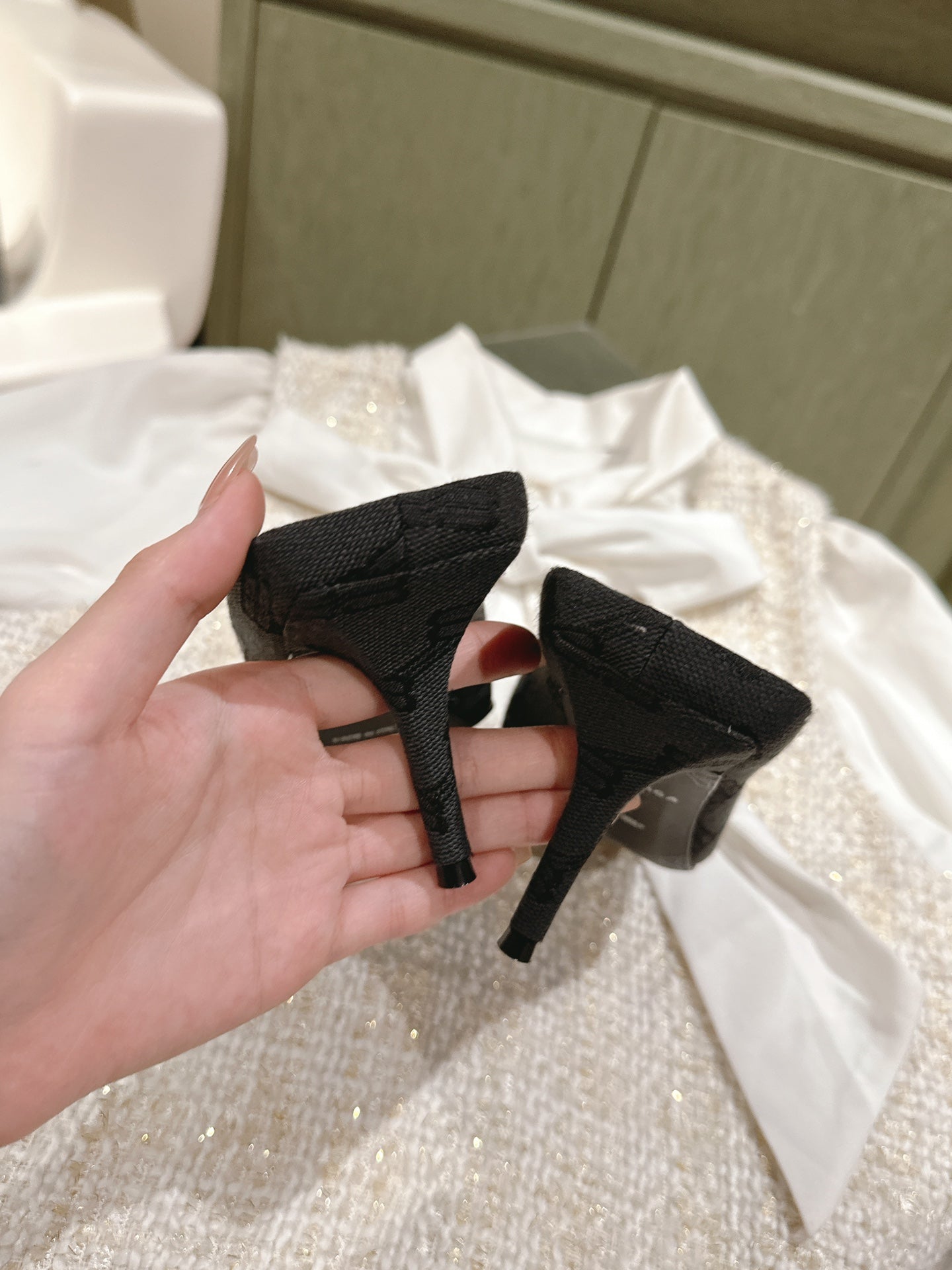 Balanciaga POINTED HIGH MULES IN BLACK MONOGRAM JACQUARD FABRIC