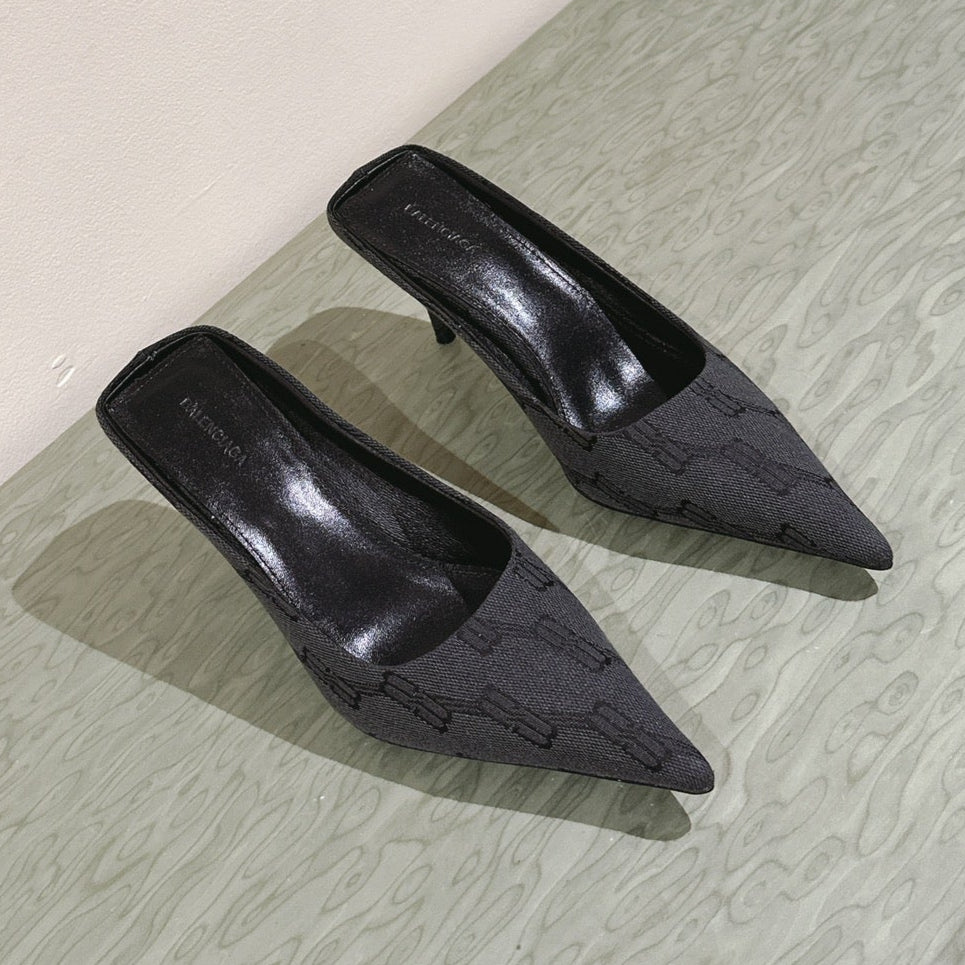 Balanciaga POINTED HIGH MULES IN BLACK MONOGRAM JACQUARD FABRIC