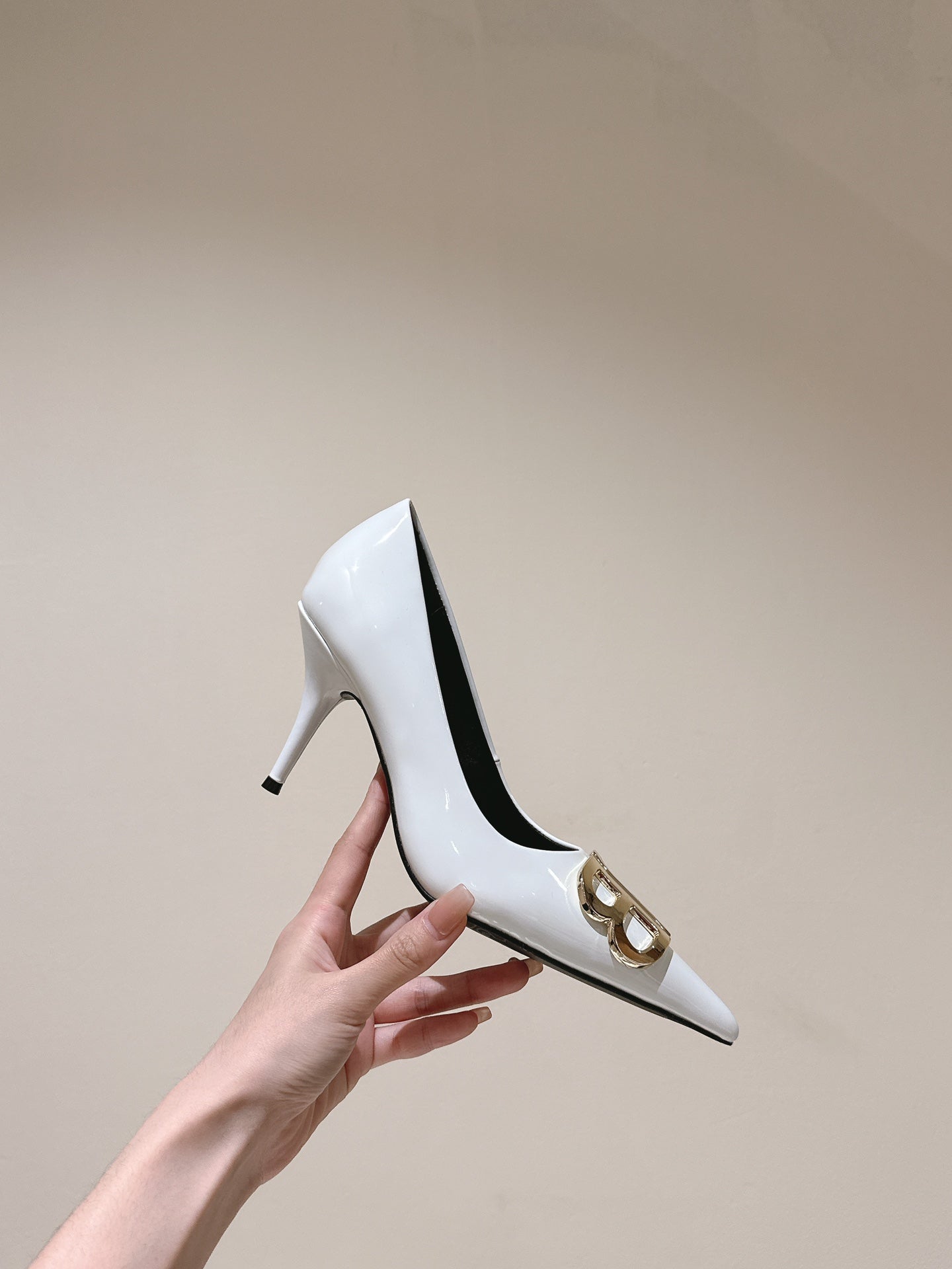 Balanciaga POINTED BB GOLD BUCKLE HIGH PUMPS 85MM IN WHITE PATENT CALFSKIN