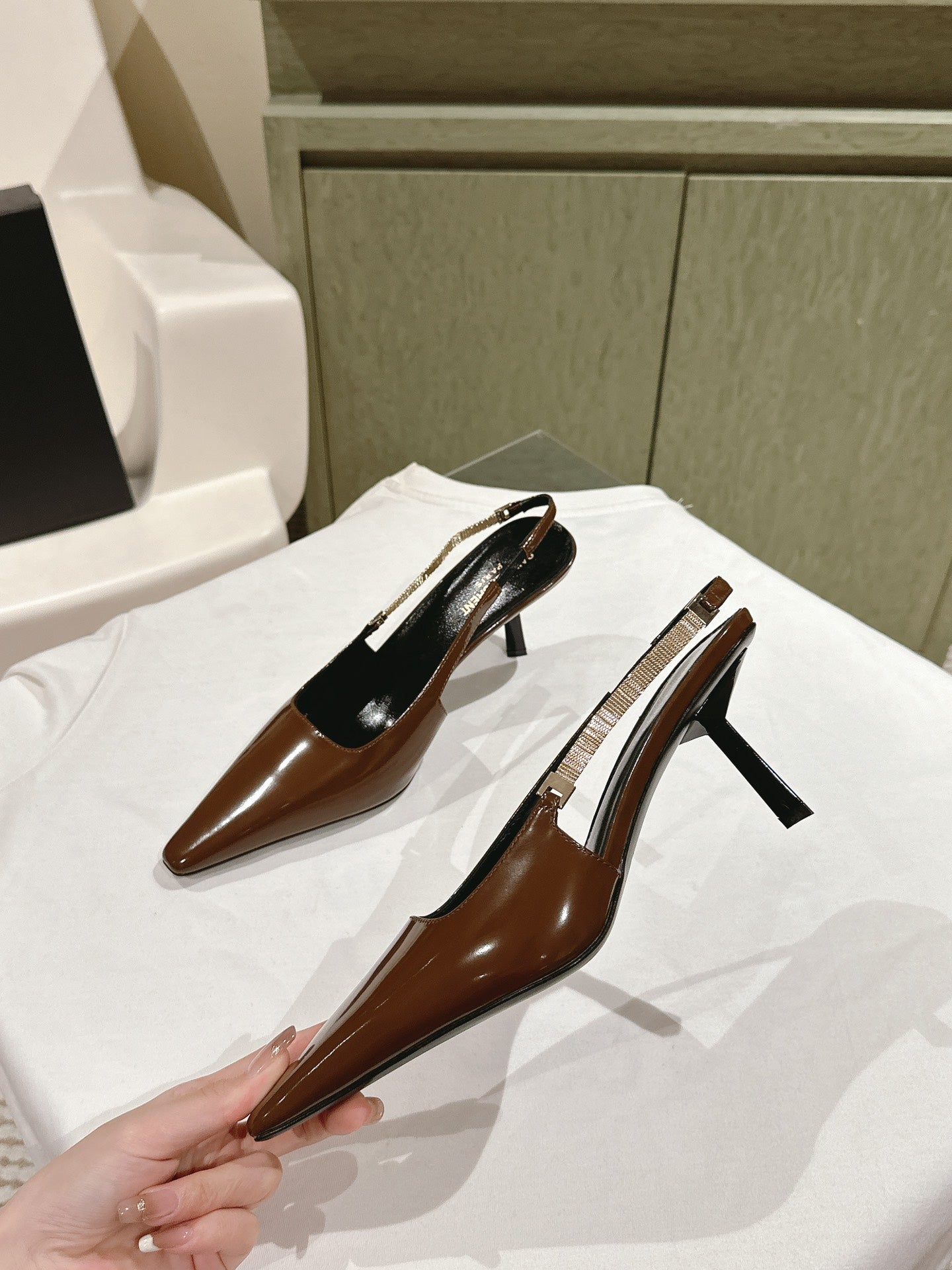 Saint Laurent BLAKE SLINGBACK PUMPS 80 IN BROWN PATENT LEATHER