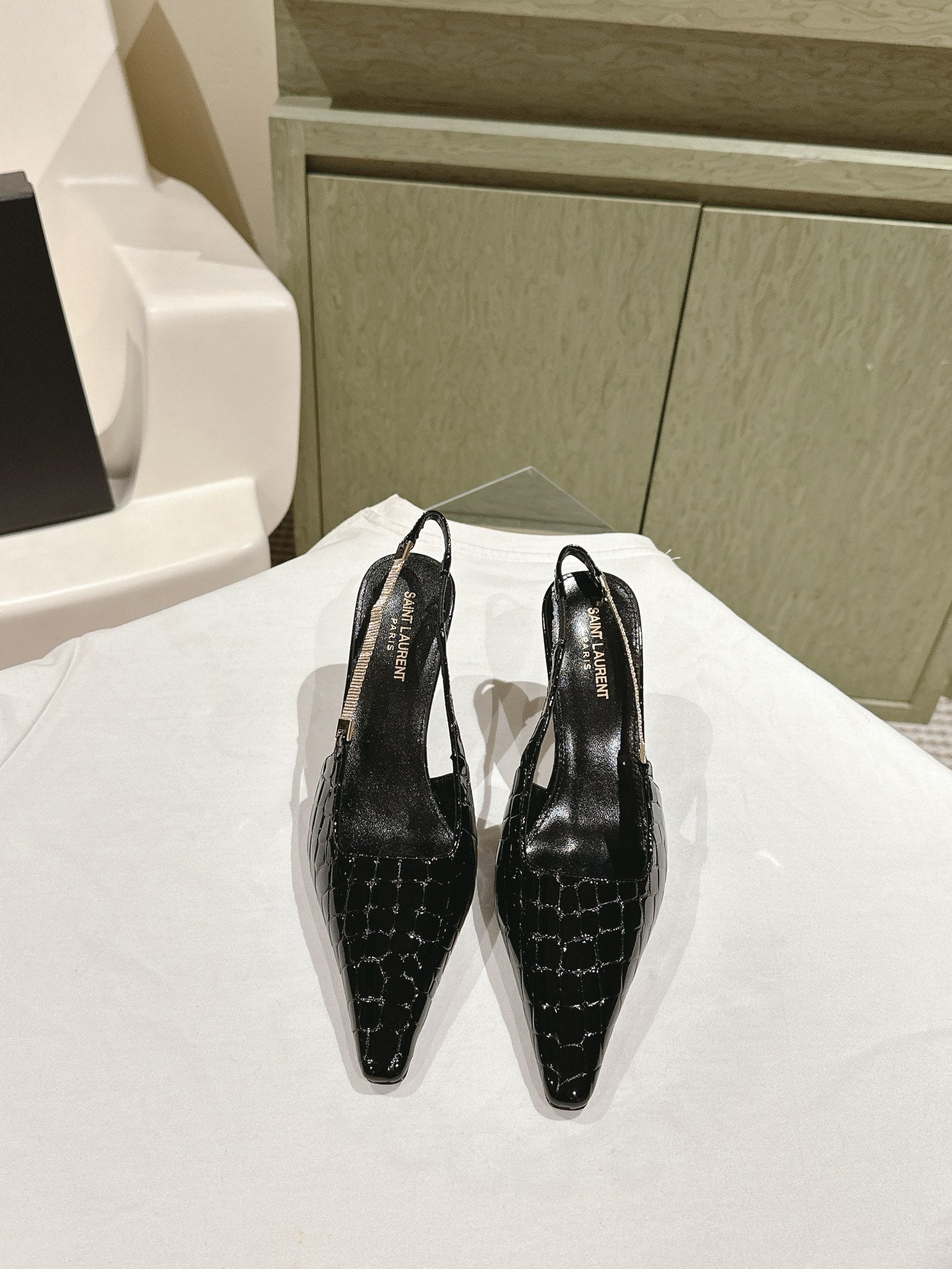Saint Laurent BLAKE SLINGBACK PUMPS 80 IN BLACK CROCODILE-EMBOSSED LEATHER