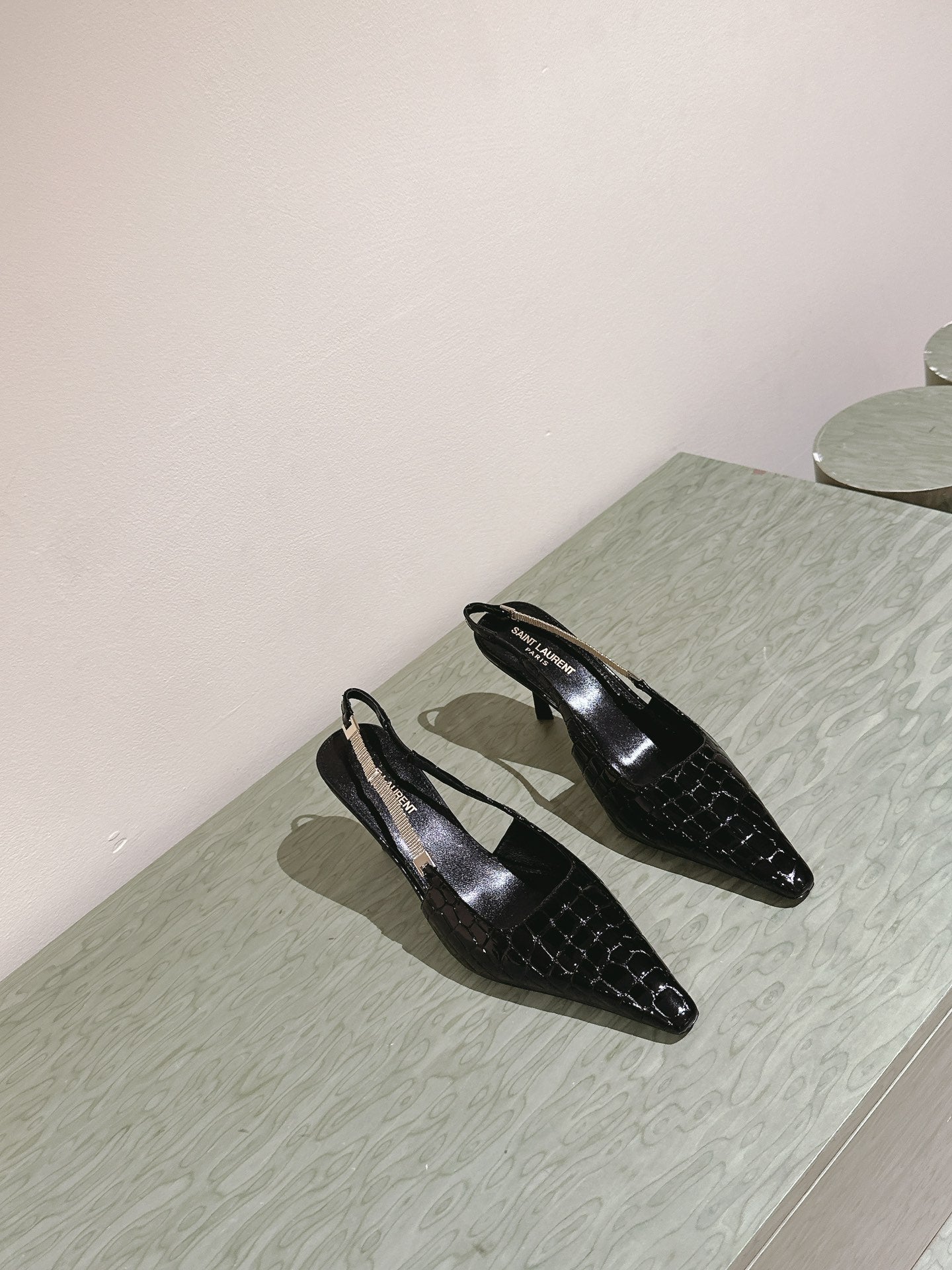 Saint Laurent BLAKE SLINGBACK PUMPS 80 IN BLACK CROCODILE-EMBOSSED LEATHER