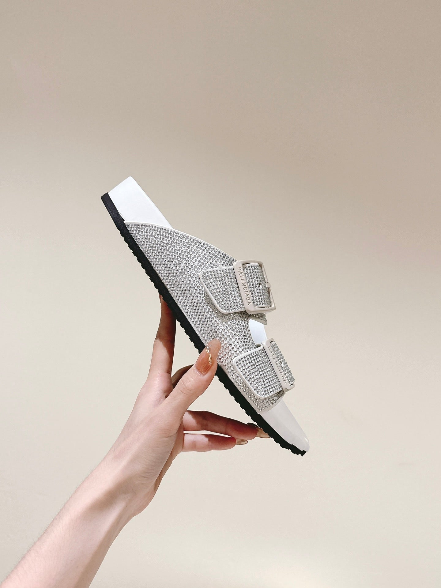Balanciaga BIRKENSTOCK SLIPPERS ATTACHED RHINESTONES IN WHITE CALFSKIN