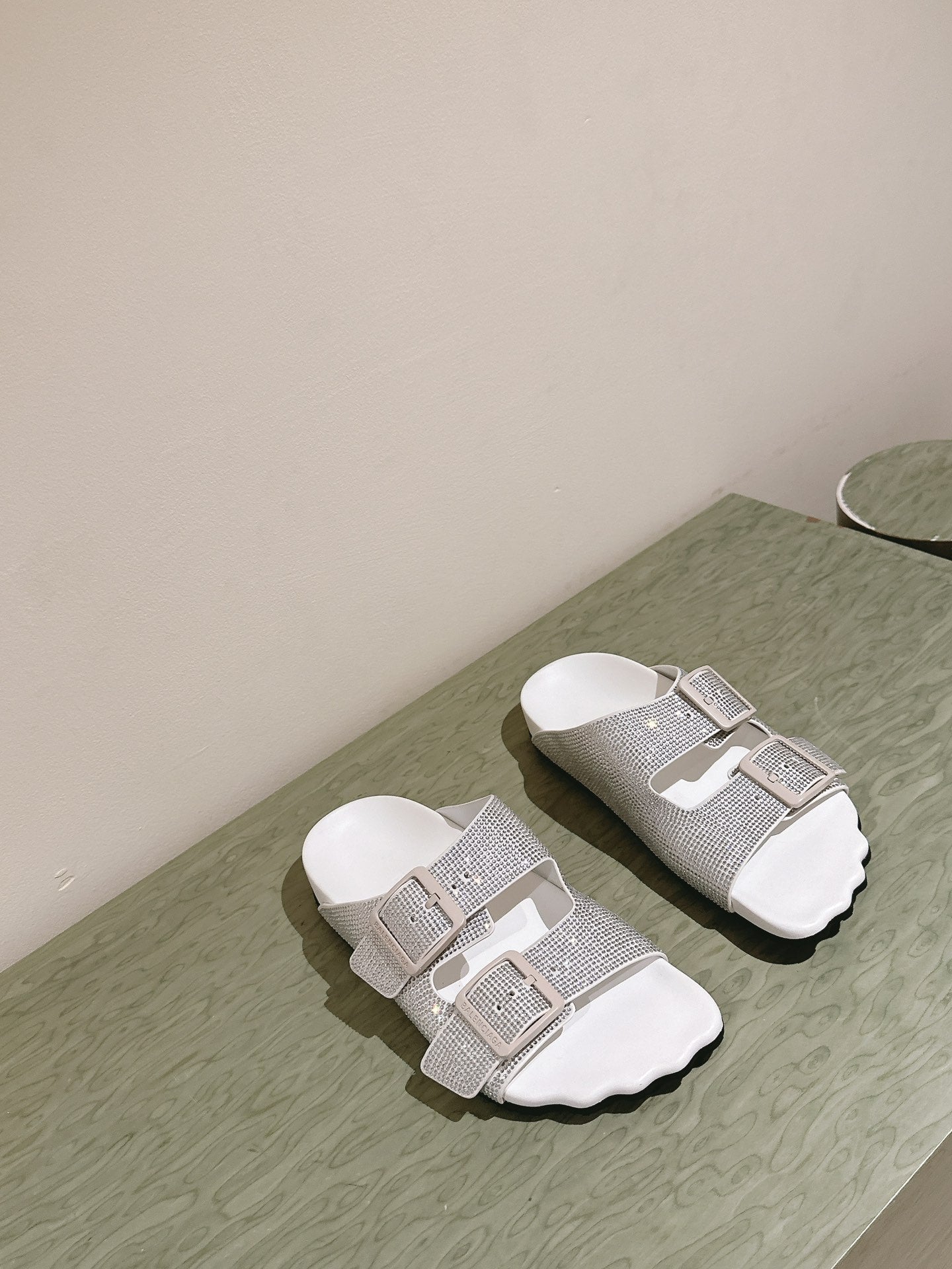 Balanciaga BIRKENSTOCK SLIPPERS ATTACHED RHINESTONES IN WHITE CALFSKIN