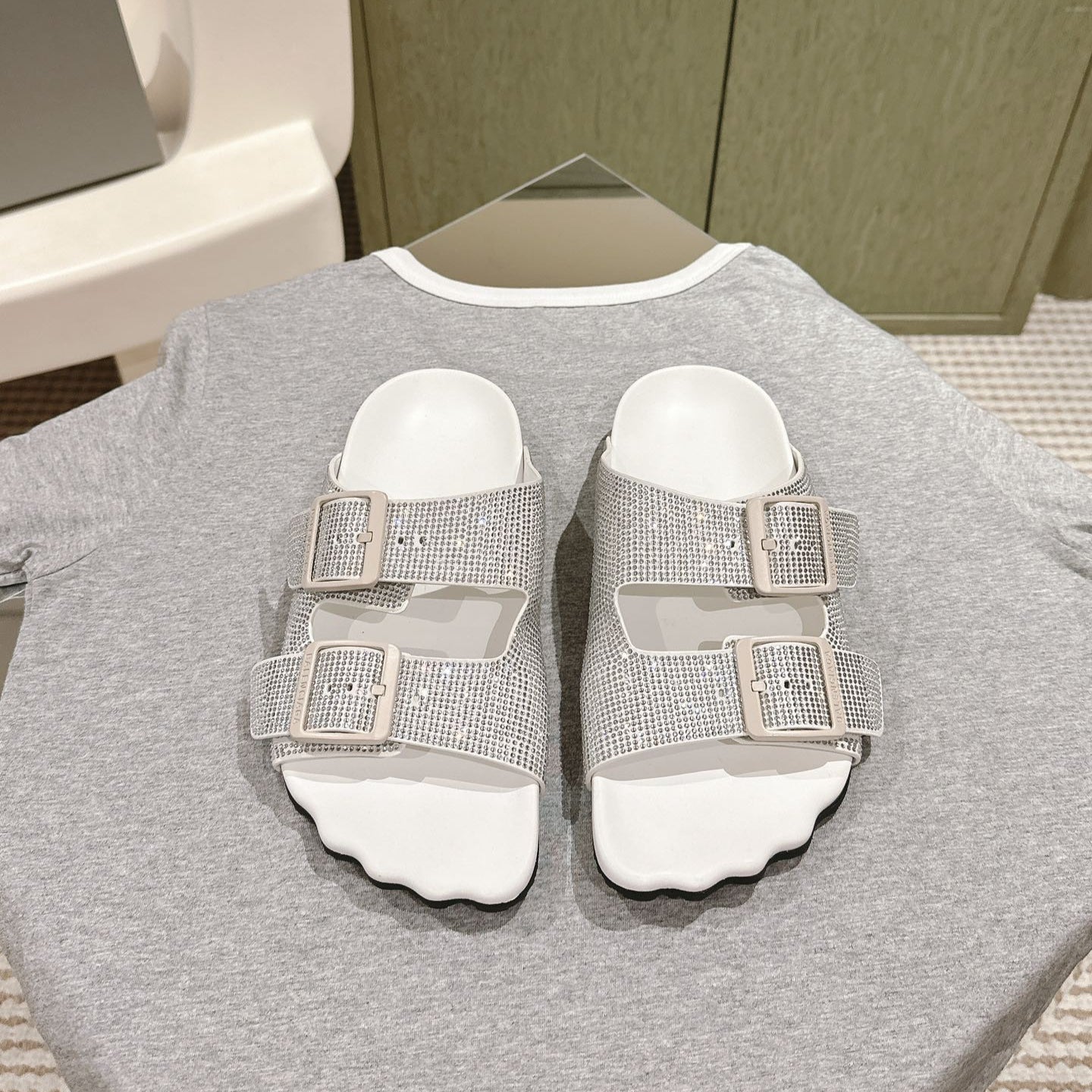 Balanciaga BIRKENSTOCK SLIPPERS ATTACHED RHINESTONES IN WHITE CALFSKIN