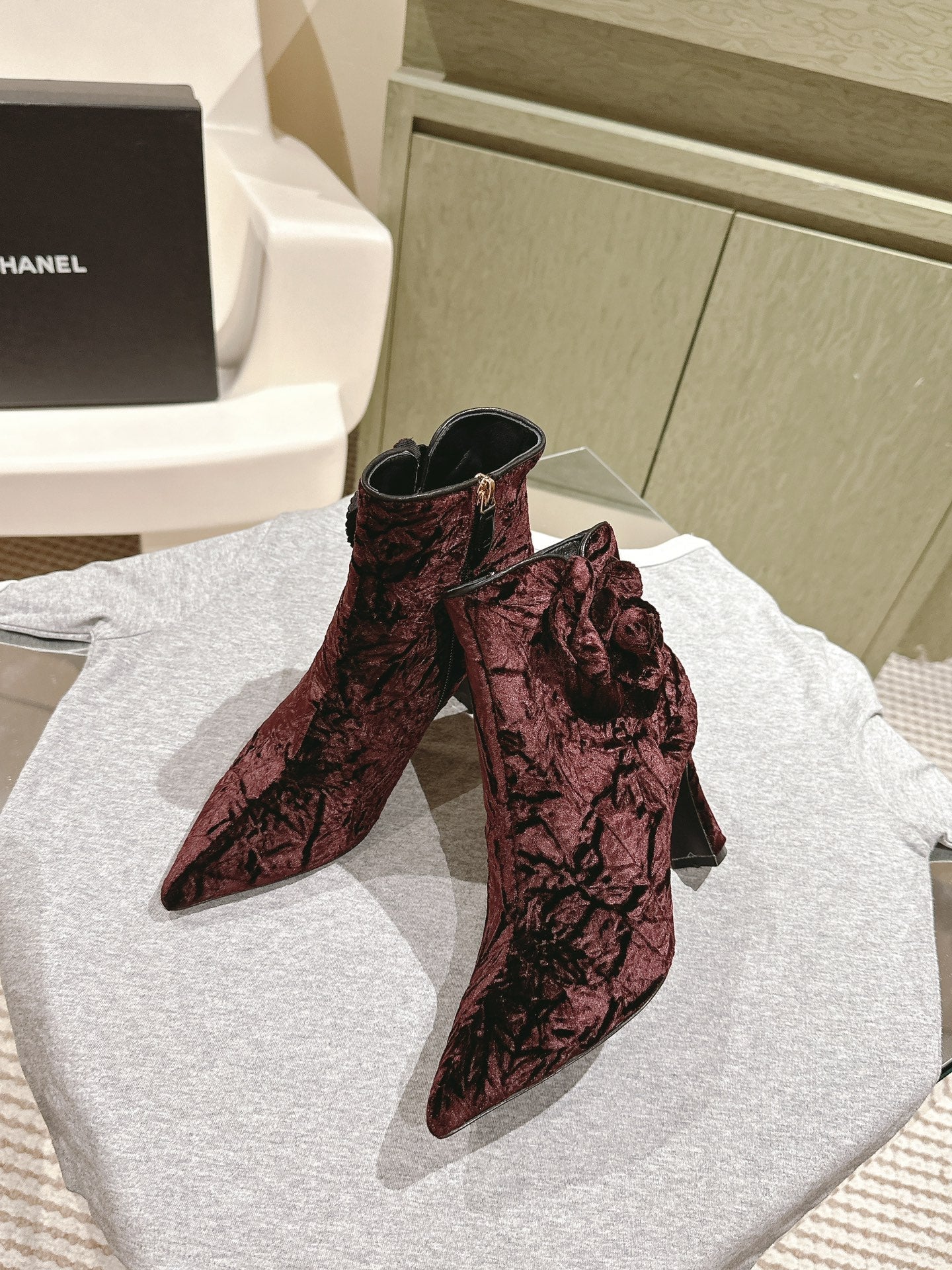 CHANEL Ankle Boots 85mm Brown Red Rough Velvet Fabric