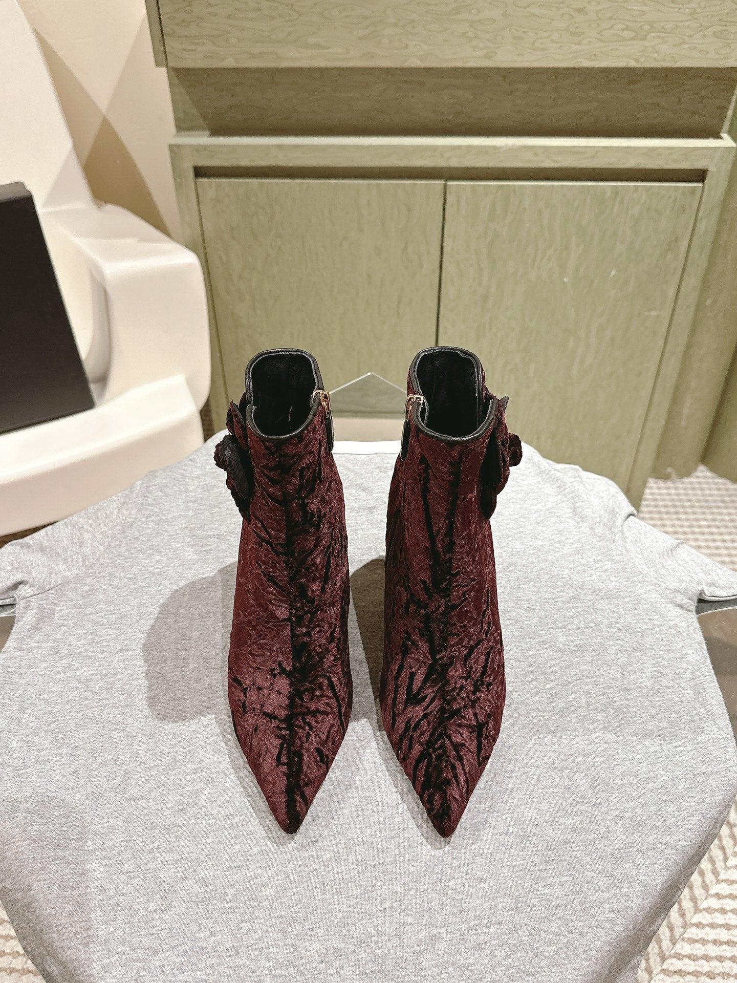 CHANEL Ankle Boots 85mm Brown Red Rough Velvet Fabric