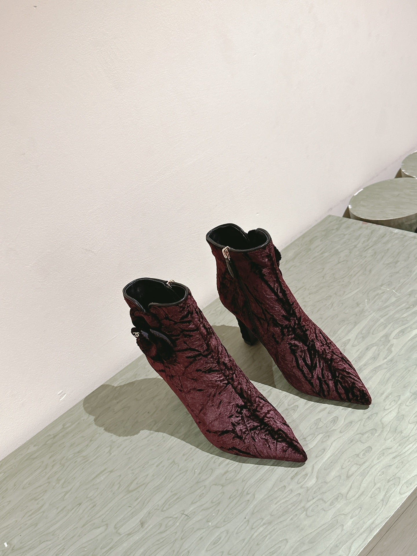 CHANEL Ankle Boots 85mm Brown Red Rough Velvet Fabric