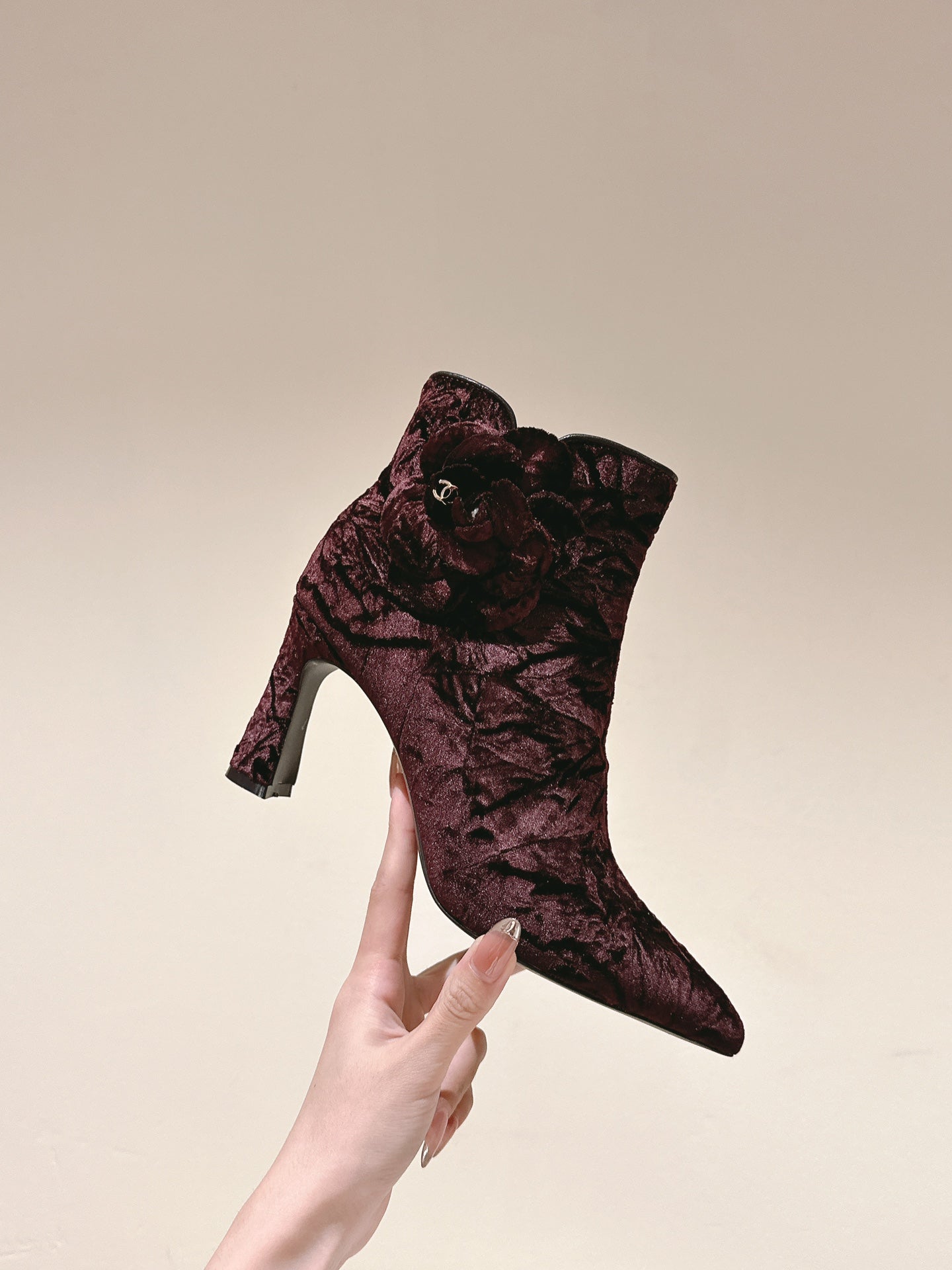 CHANEL Ankle Boots 85mm Brown Red Rough Velvet Fabric