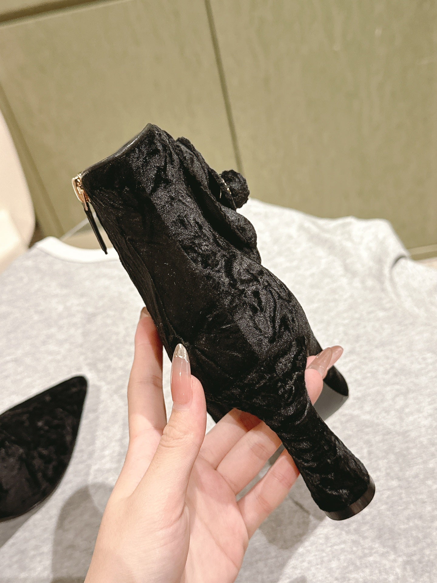 CHANEL Ankle Boots 85mm Black Rough Velvet Fabric