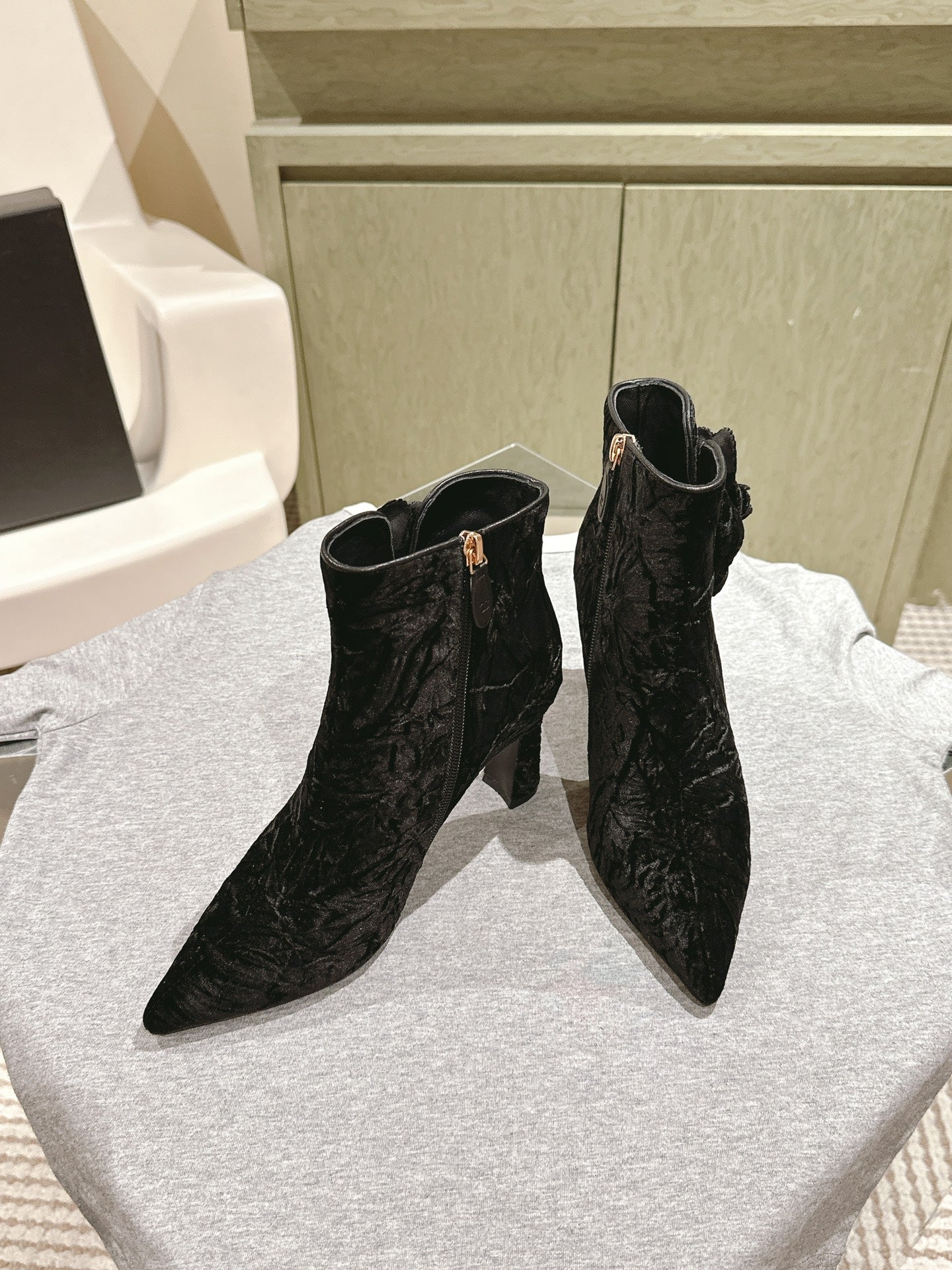 CHANEL Ankle Boots 85mm Black Rough Velvet Fabric